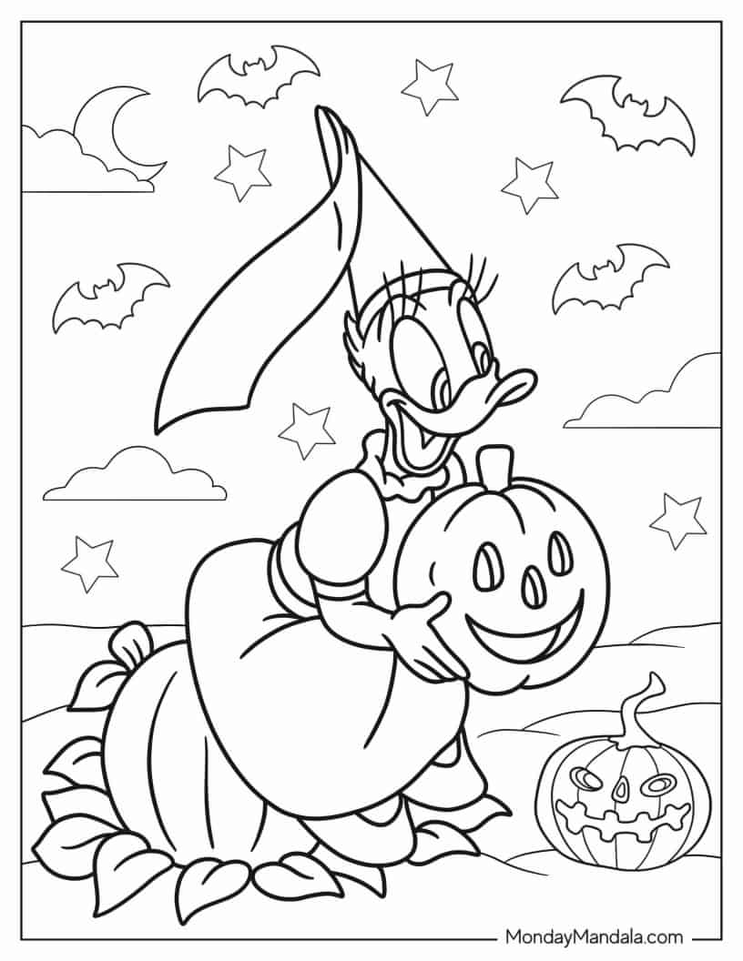 Daisy Duck Holding Jack-O-Lantern On Halloween Coloring Sheet coloring page — printable line art