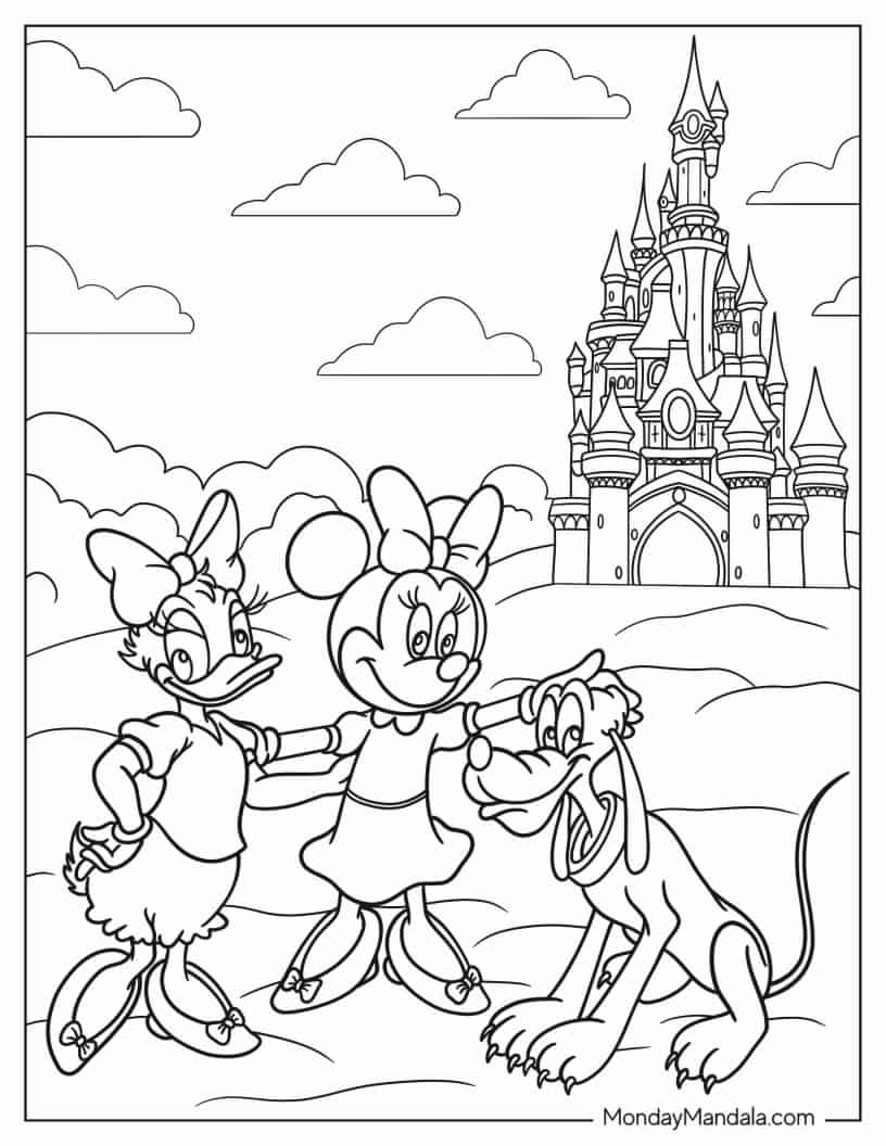 Daisy Duck, Minnie Mouse, and Pluto With Castle To Color coloring page