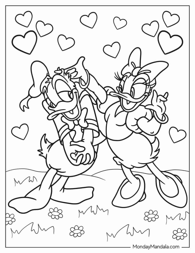 Donald Duck And Daisy Duck In Love Coloring Sheet coloring page — printable line art