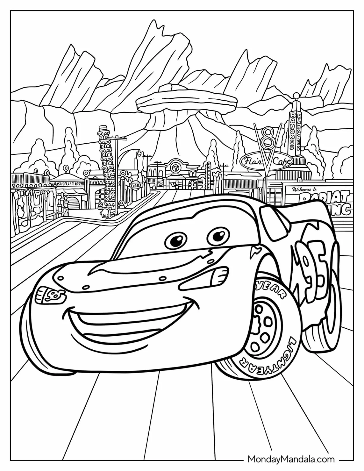 Cars Coloring Page of Lightning McQueen In Radiator Springs coloring page
