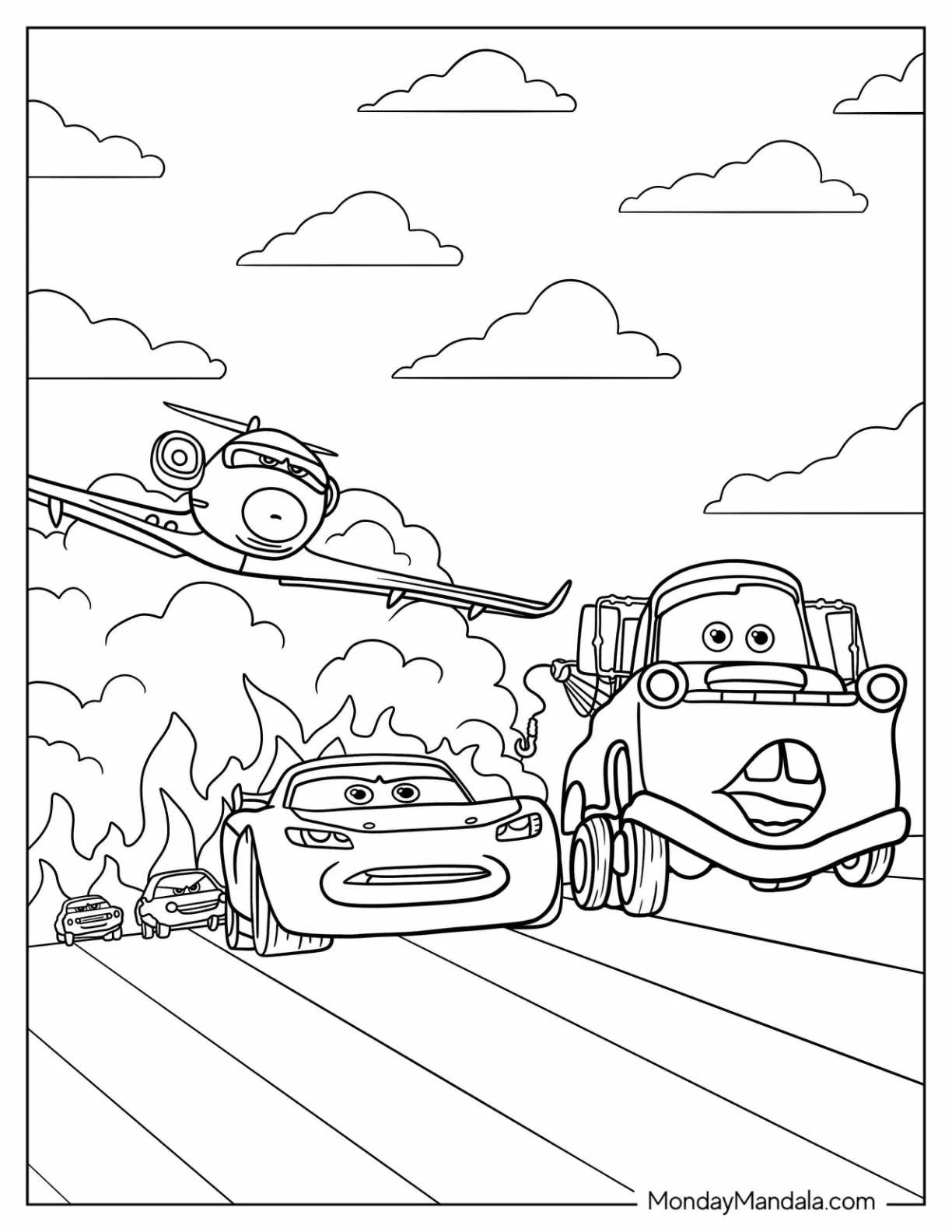 Cars Coloring Page of Lightning McQueen, Mater, And Siddeley Being Chased coloring page
