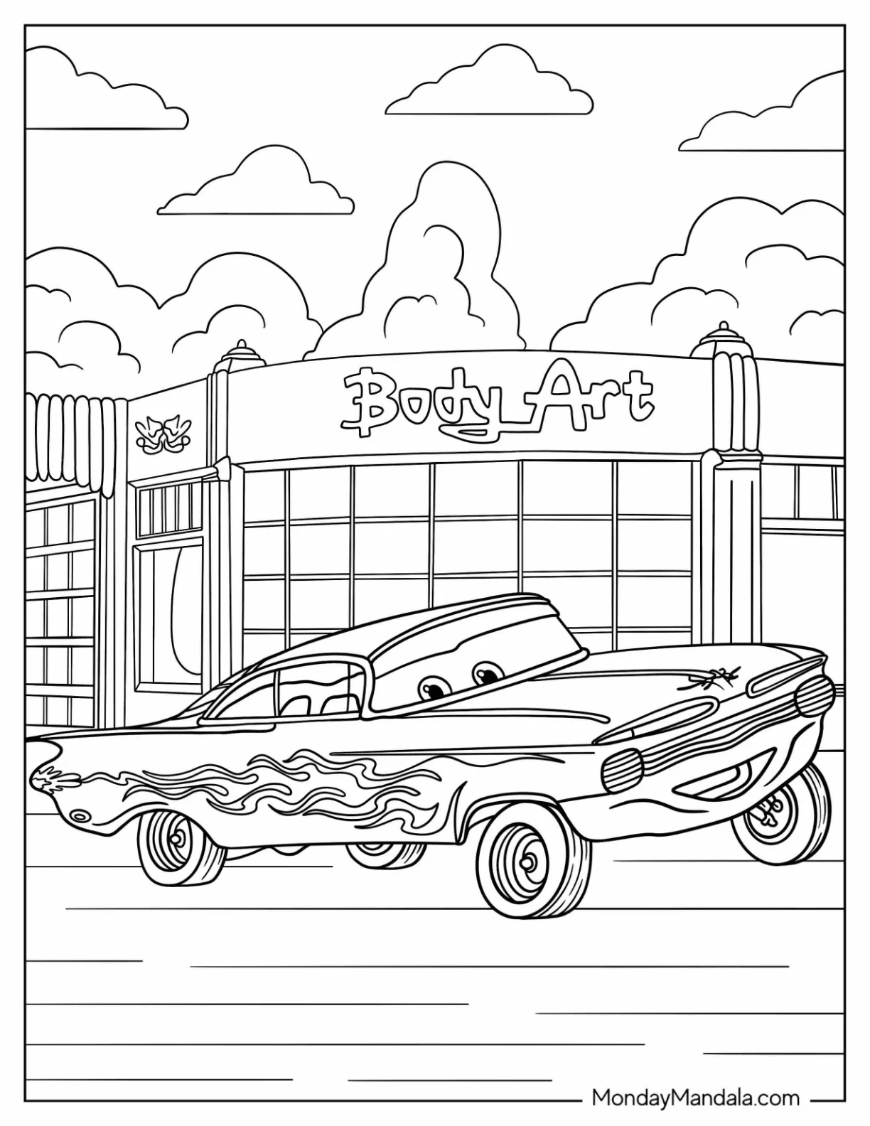 Cars Coloring Page of Ramone In Front Of Body Art Shop coloring page