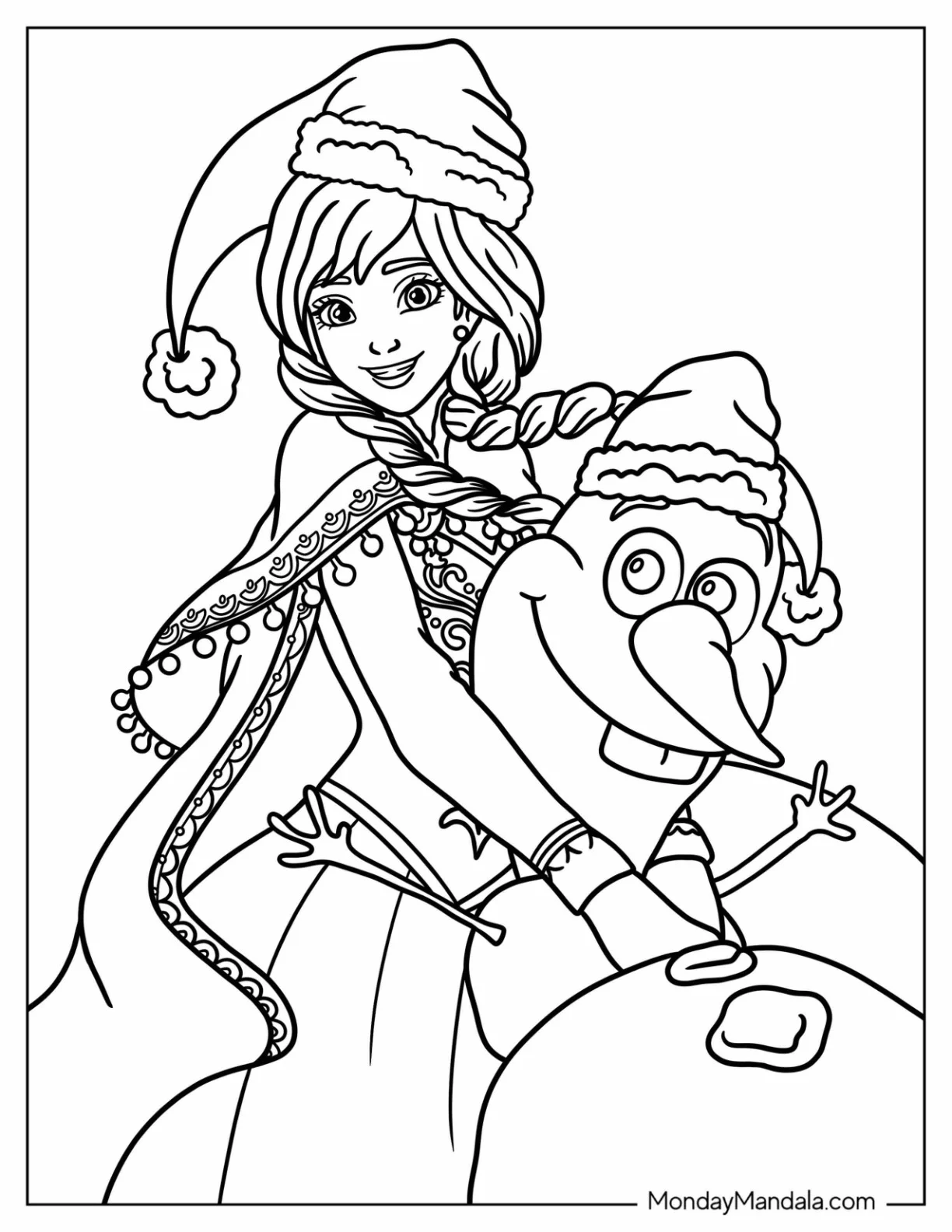Disney Christmas Coloring Page Of Anna Hugging Olaf On Christmas coloring page — printable line art