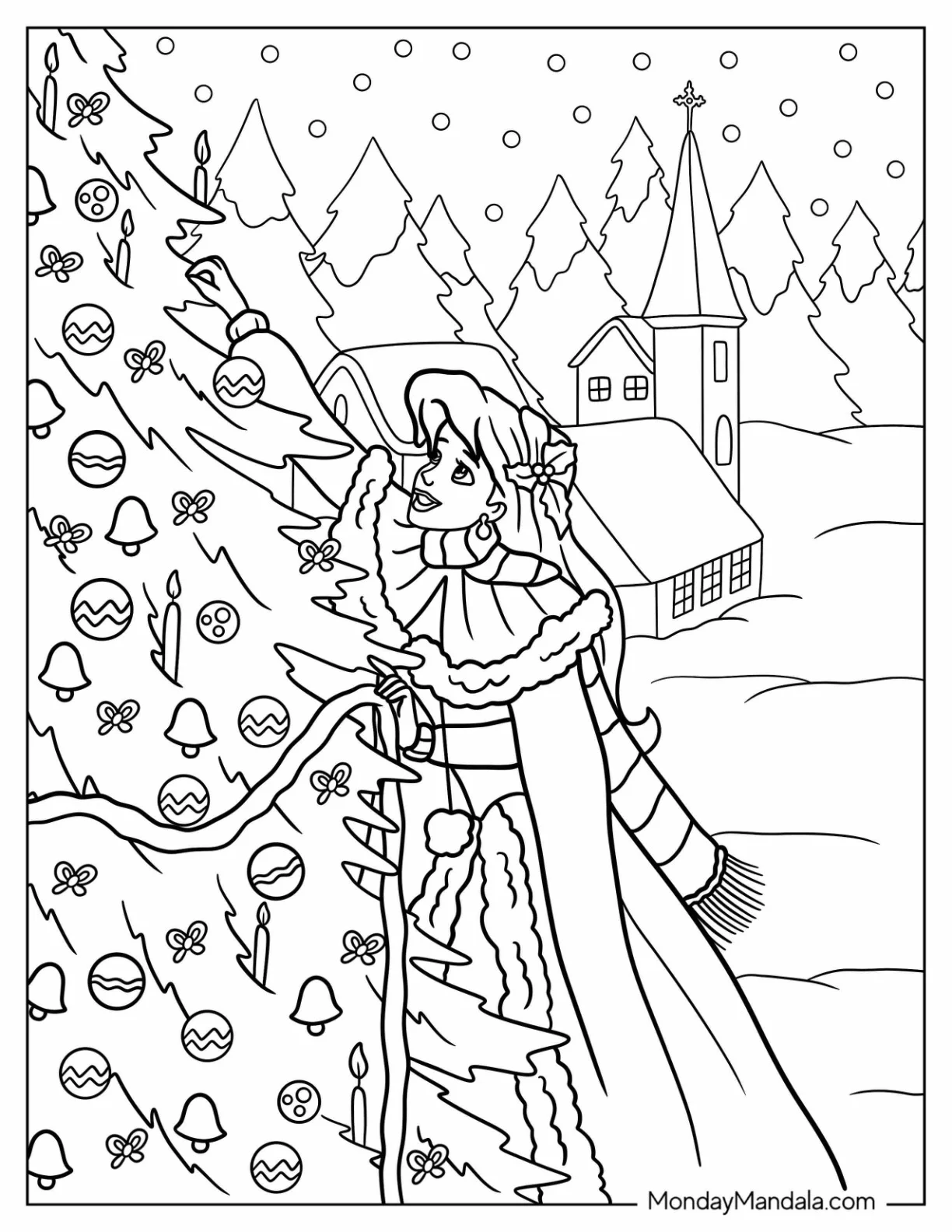 Disney Christmas Coloring Page Of Ariel Hanging Christmas Tree Ornaments coloring page — printable line art
