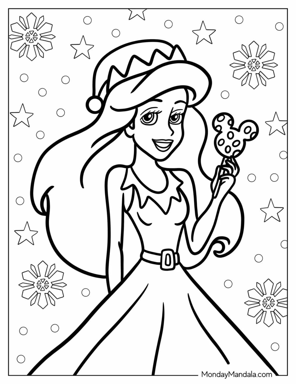 Disney Christmas Coloring Page Of Ariel Holding Mickey Mouse Lollipop On Christmas coloring page