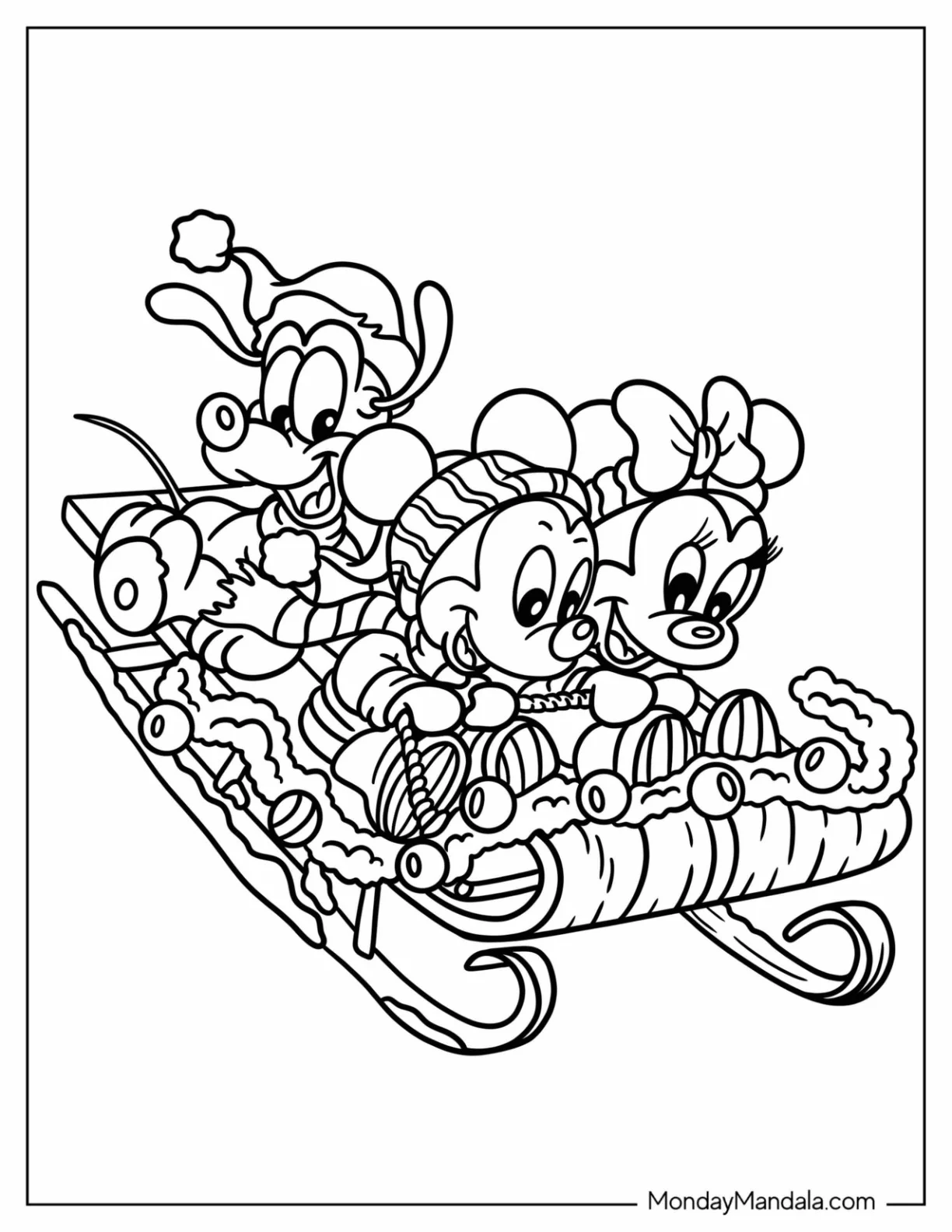 Disney Christmas Coloring Page Of Baby Mickey Mouse, Minnie Mouse, And Pluto Riding Christmas Sled coloring page
