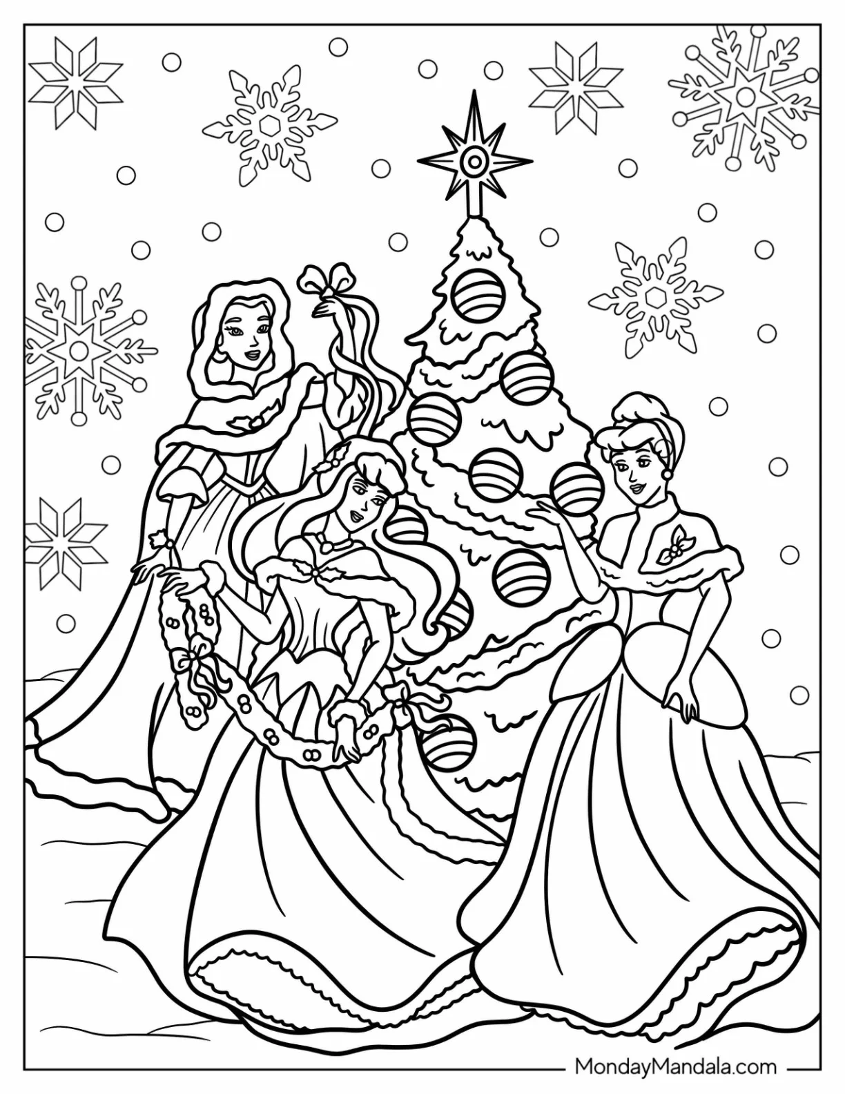 Disney Christmas Coloring Page Of Belle, Cinderella, And Aurora Decorating Christmas Tree coloring page