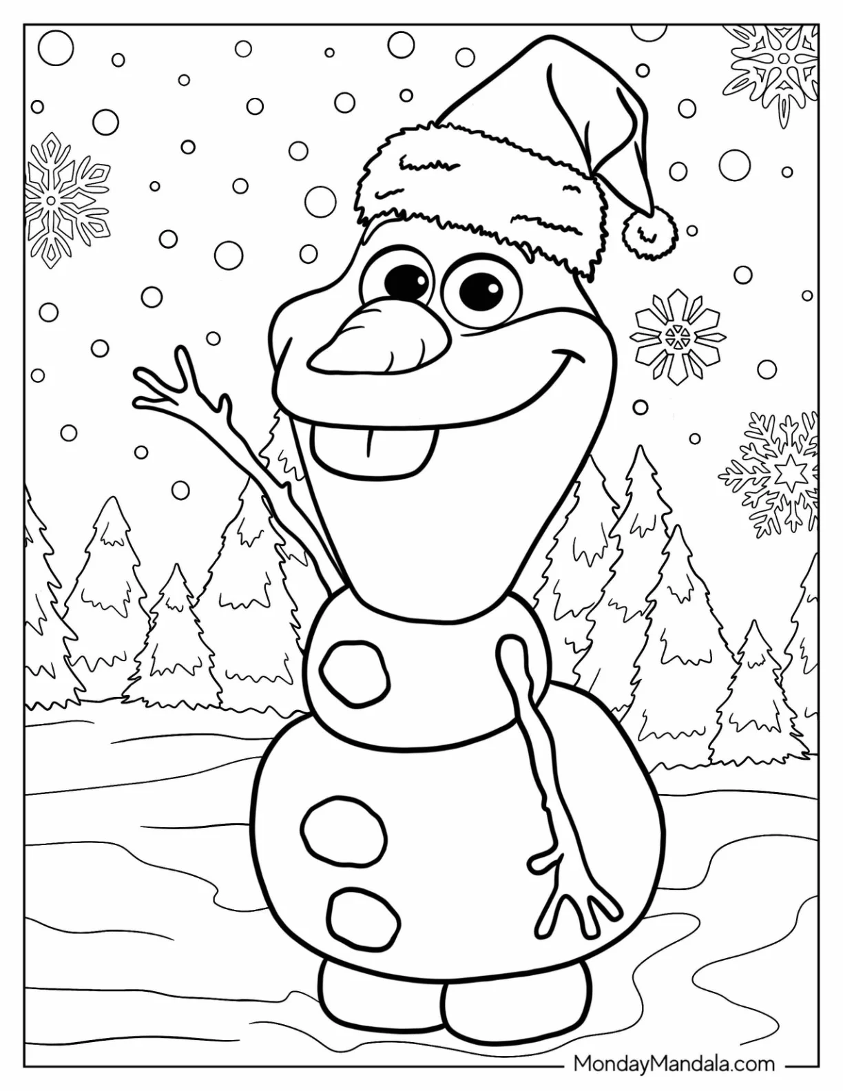 Disney Christmas Coloring Page Of Cute Olaf Waving In Snowy Christmas Landscape coloring page