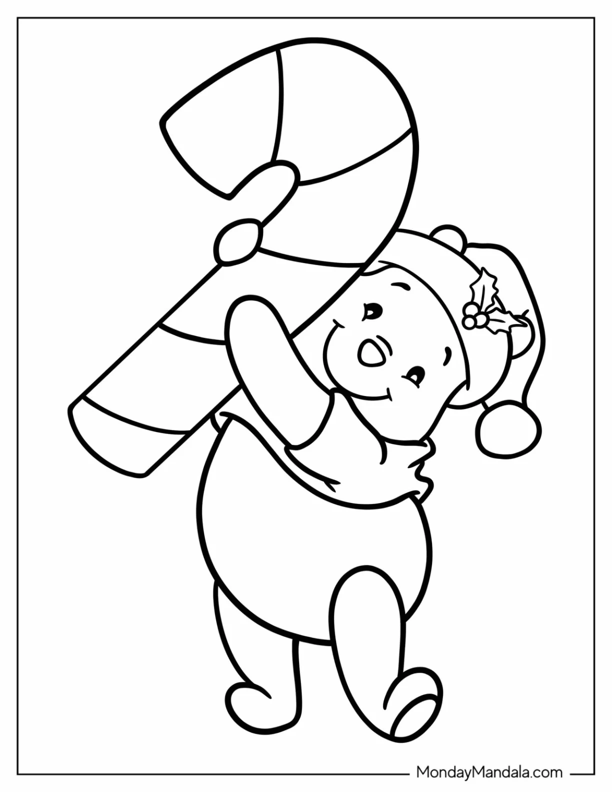 Disney Christmas Coloring Page Of Cute Pooh Carrying Large Candy Cane For Kids coloring page