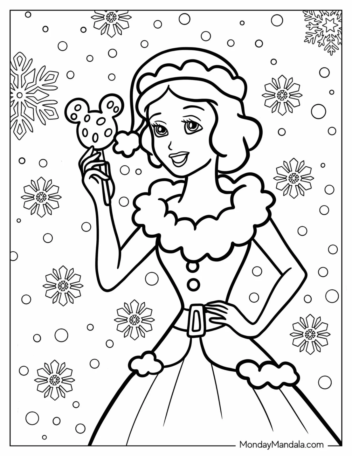 Disney Christmas Coloring Page Of Easy Snow White In Christmas Outfit coloring page — printable line art