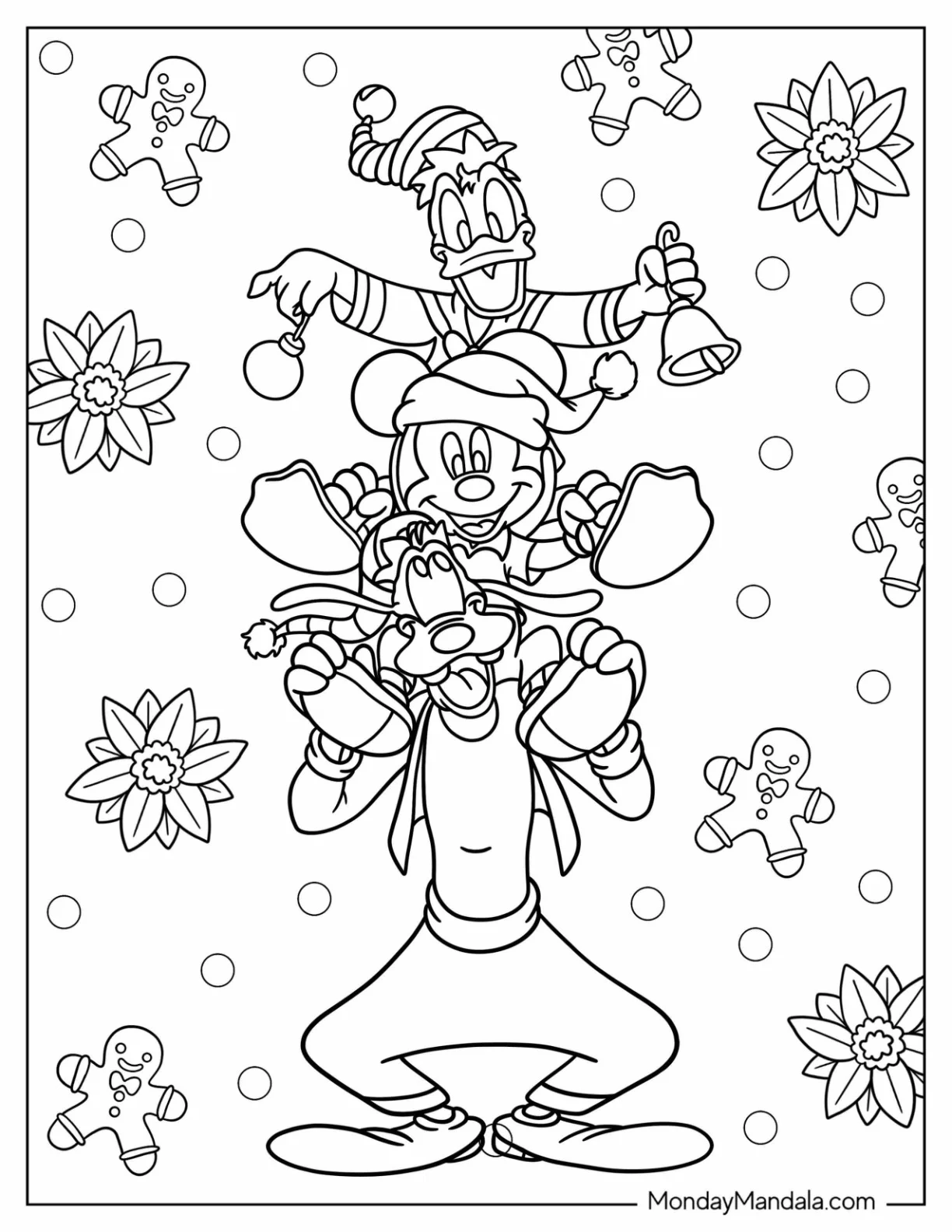 Disney Christmas Coloring Page Of Goofy, Mickey Mouse, And Donald Duck Having Fun On Christmas coloring page — printable line art