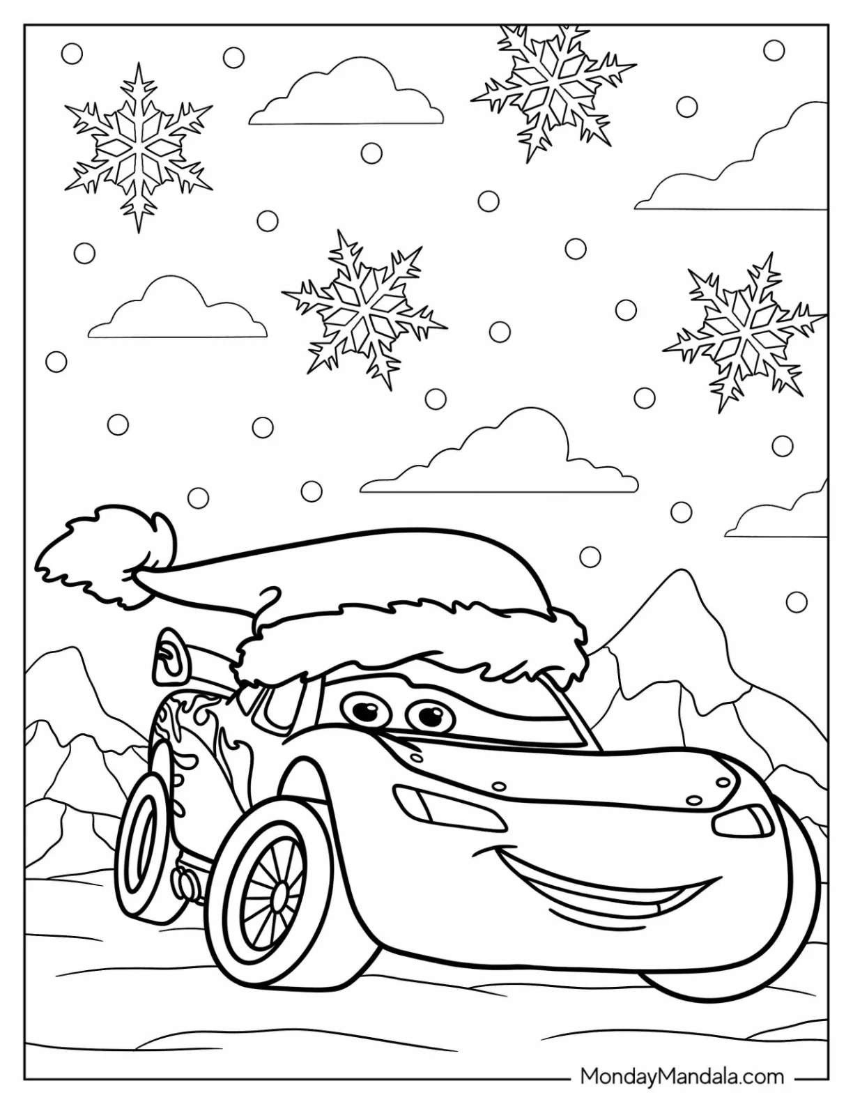 Disney Christmas Coloring Page Of Lightning McQueen With Christmas Hat Speeding Away In Winter coloring page — printable line art