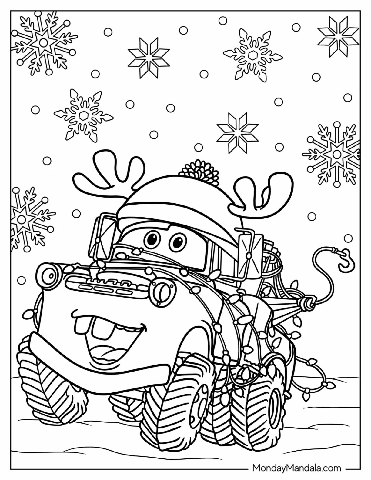 Disney Christmas Coloring Page Of Mater With Reindeer Antlers And Christmas Lights coloring page — printable line art
