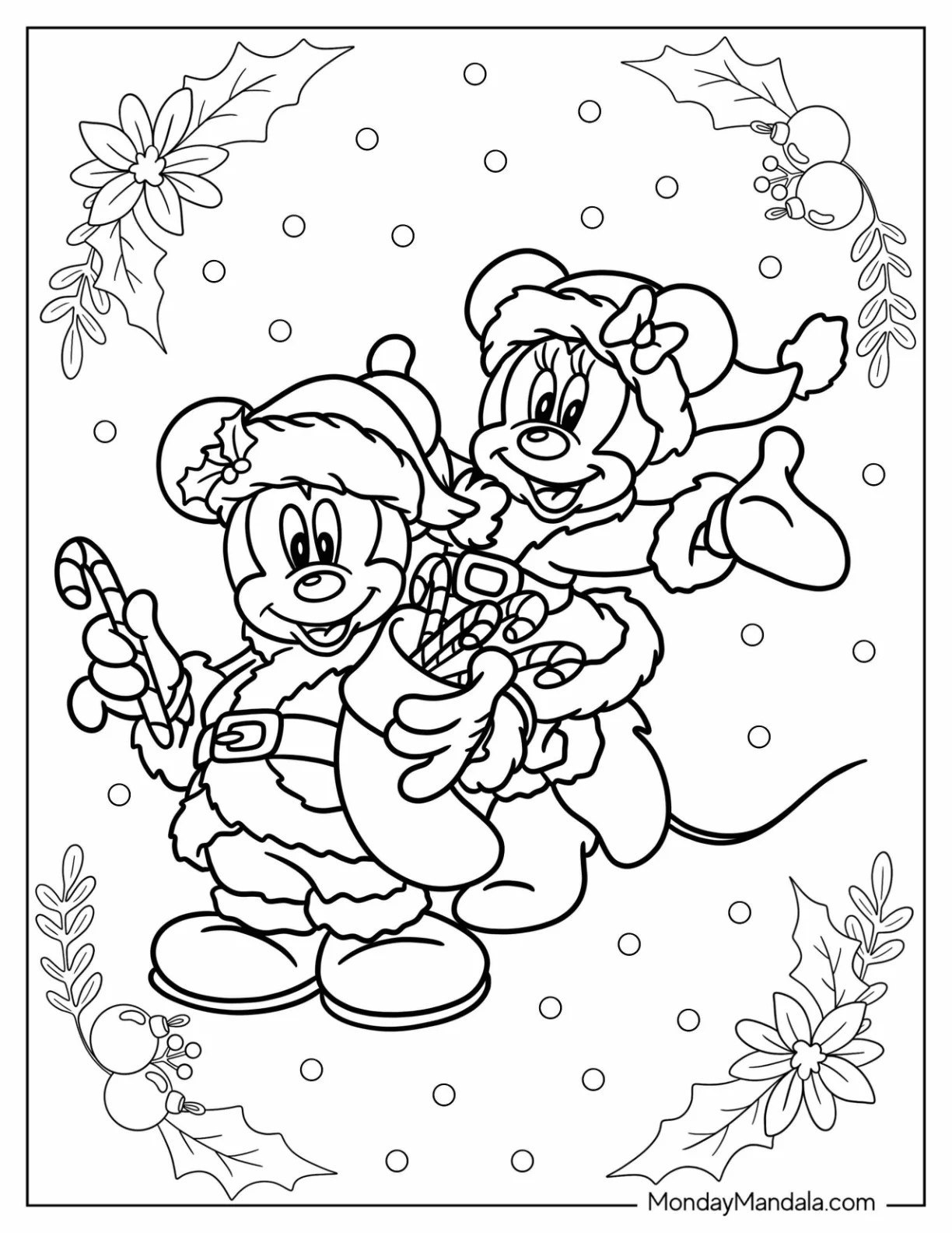 Disney Christmas Coloring Page Of Mickey And Minnie Mouse In Santa Outfit Holding Candy Canes coloring page