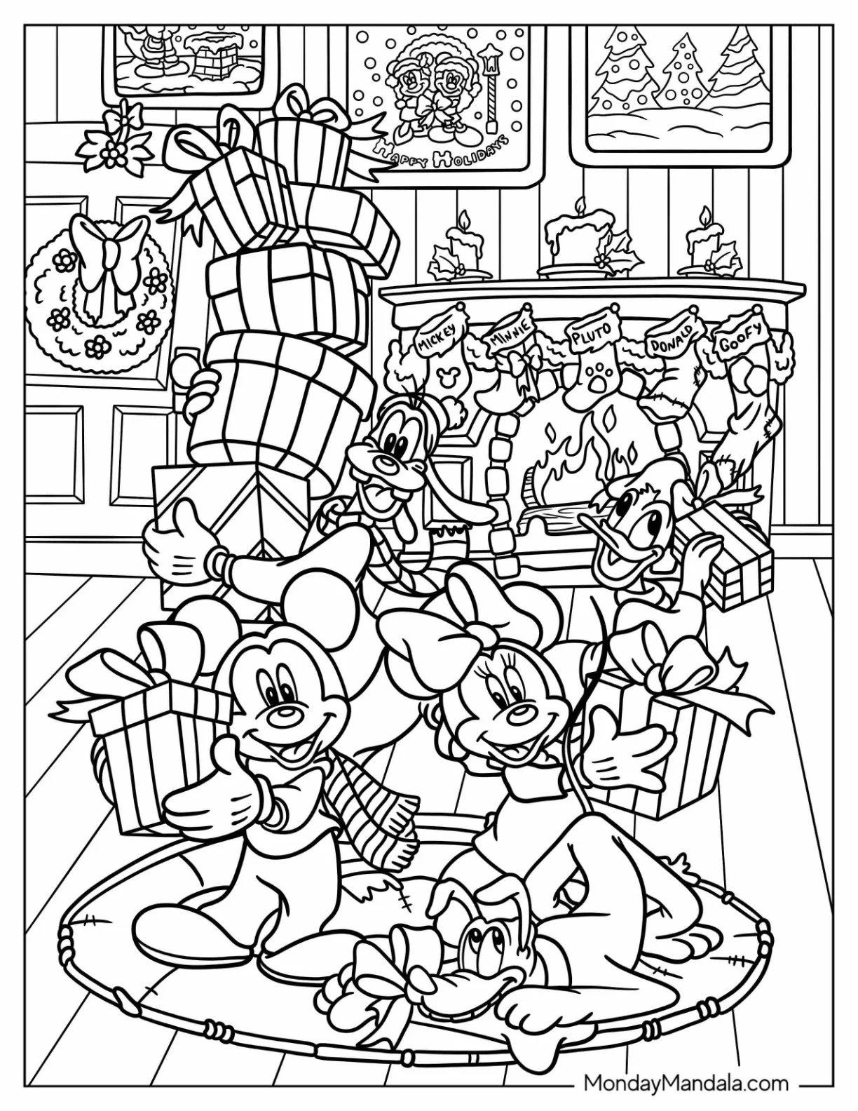 Disney Christmas Coloring Page Of Mickey Mouse, Minnie Mouse, Daisy Duck, Goofy, And Pluto Holding Christmas Presents coloring page