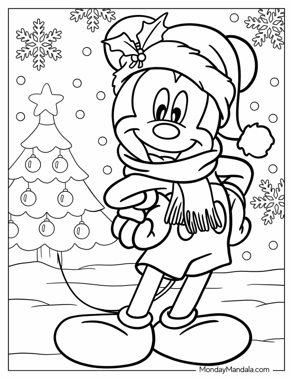 Disney Christmas Coloring Page Of Mickey Mouse Wearing Scarf And Santa Hat On Christmas coloring page