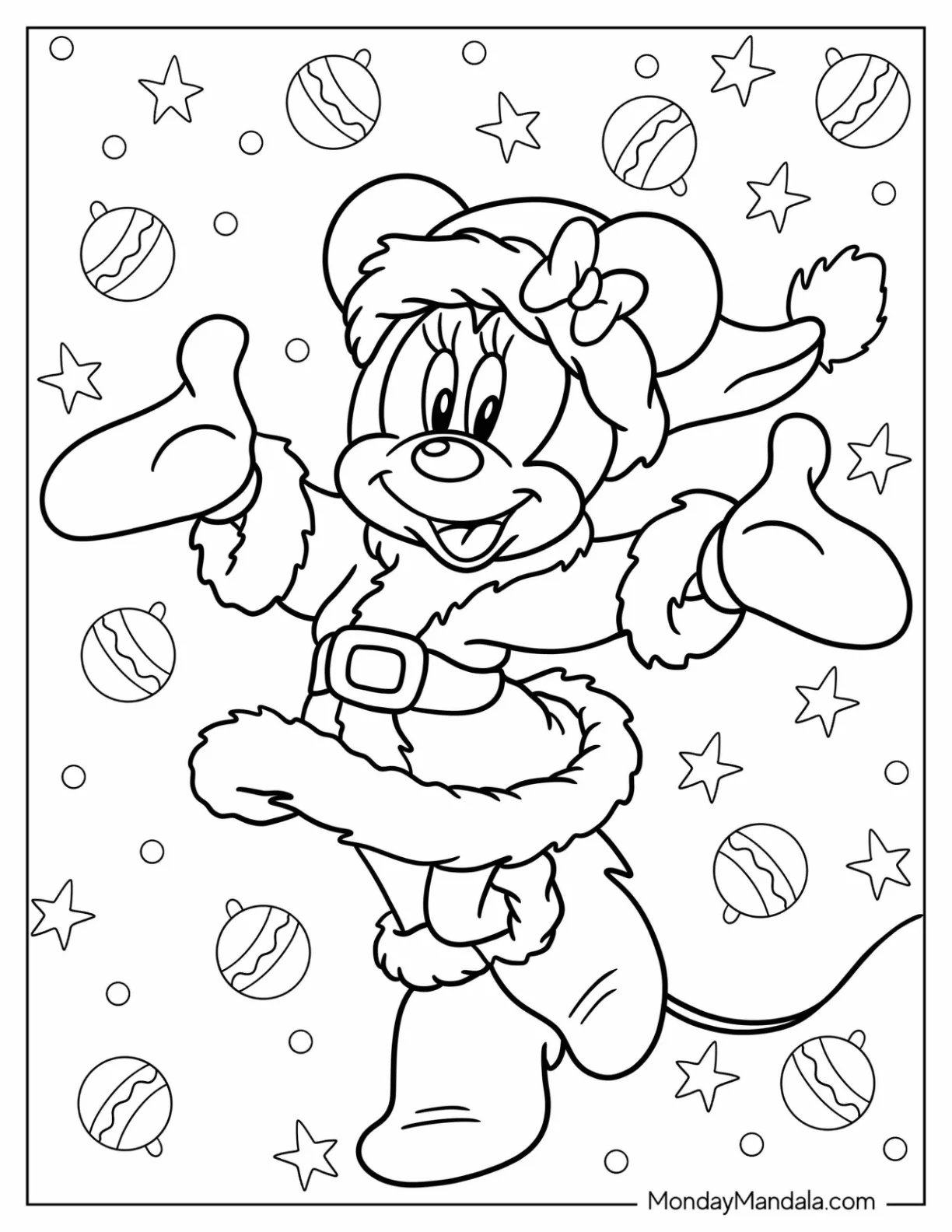 Disney Christmas Coloring Page Of Minnie Mouse In Cute Santa Outfit For Kids coloring page — printable line art