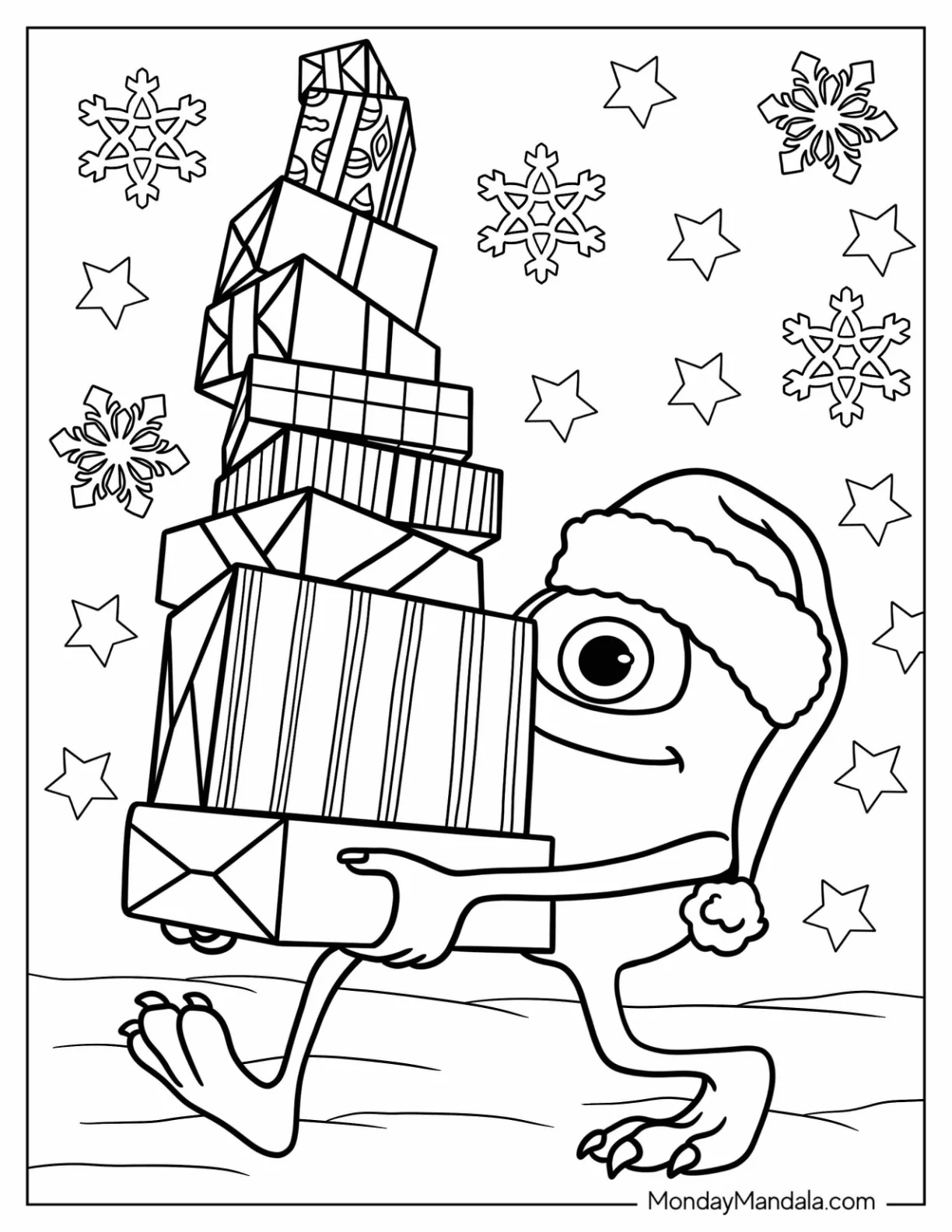 Disney Christmas Coloring Page Of Monsters Inc Mike Wazowski Carrying Christmas Presents coloring page — printable line art