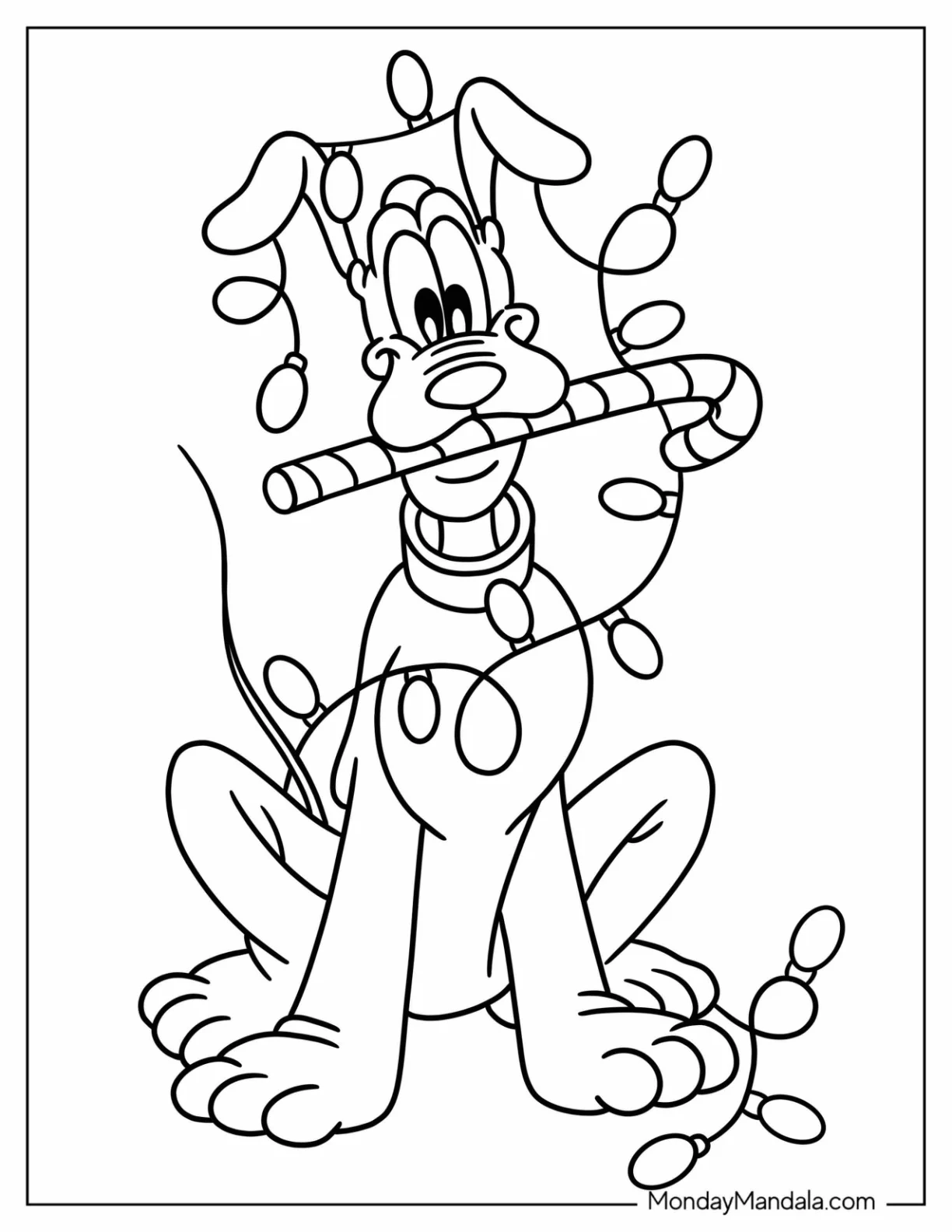 Disney Christmas Coloring Page Of Pluto Tangled In Christmas Lights And Biting Candy Cane coloring page
