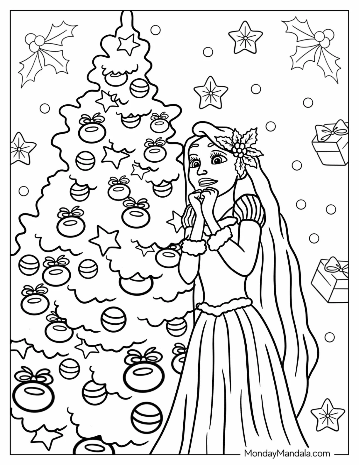 Disney Christmas Coloring Page Of Rapunzel Standing Beside Christmas Tree coloring page