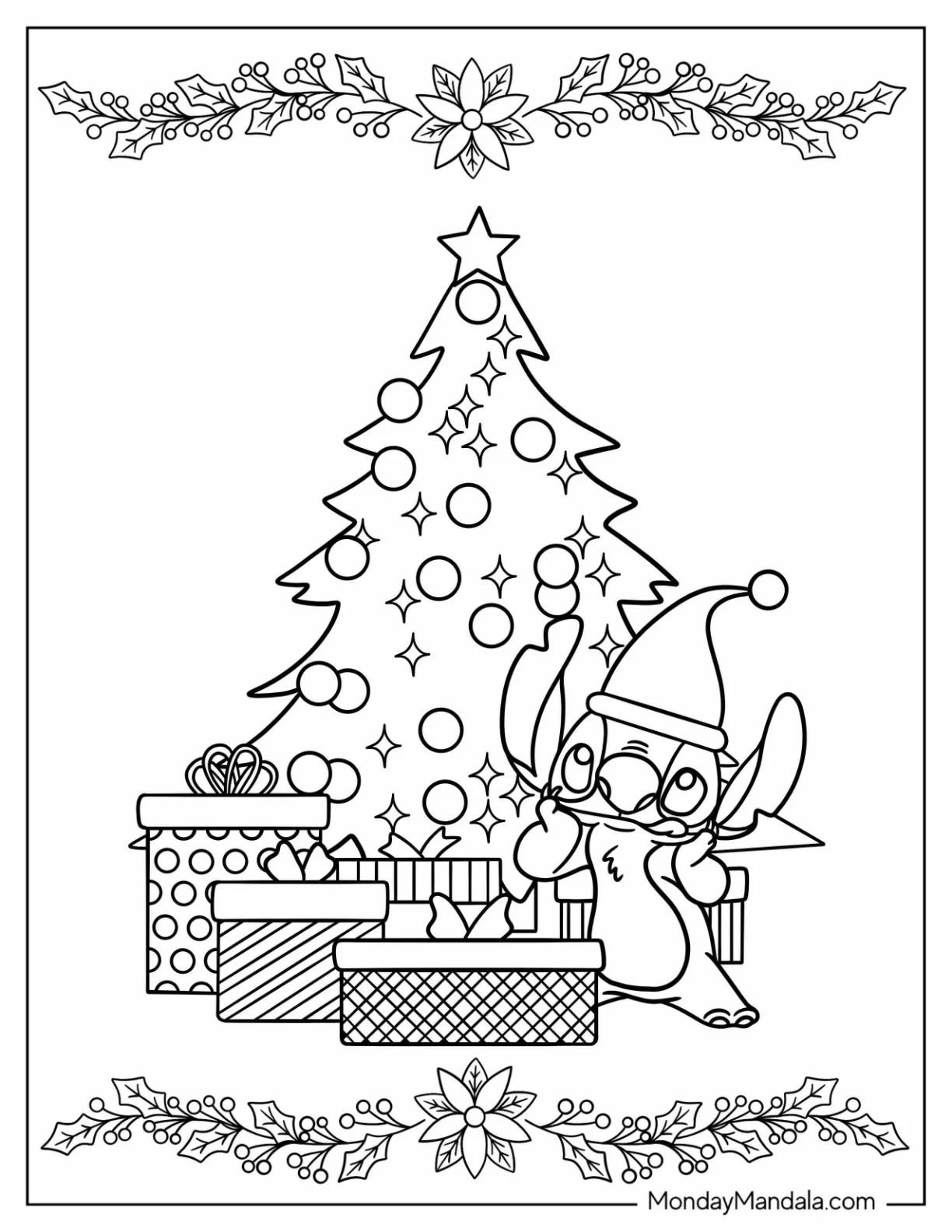 Disney Christmas Coloring Page Of Simple Stitch Standing Under Christmas Tree With Presents coloring page