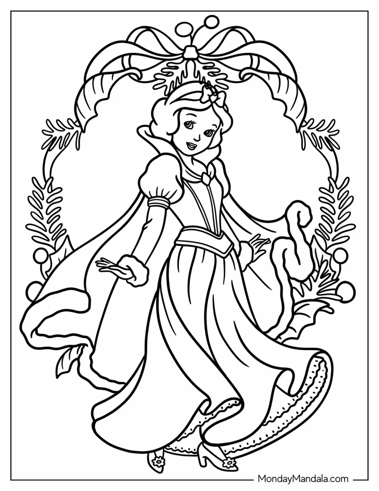 Disney Christmas Coloring Page Of Snow White In Front Of Christmas Wreath For Kids coloring page — printable line art