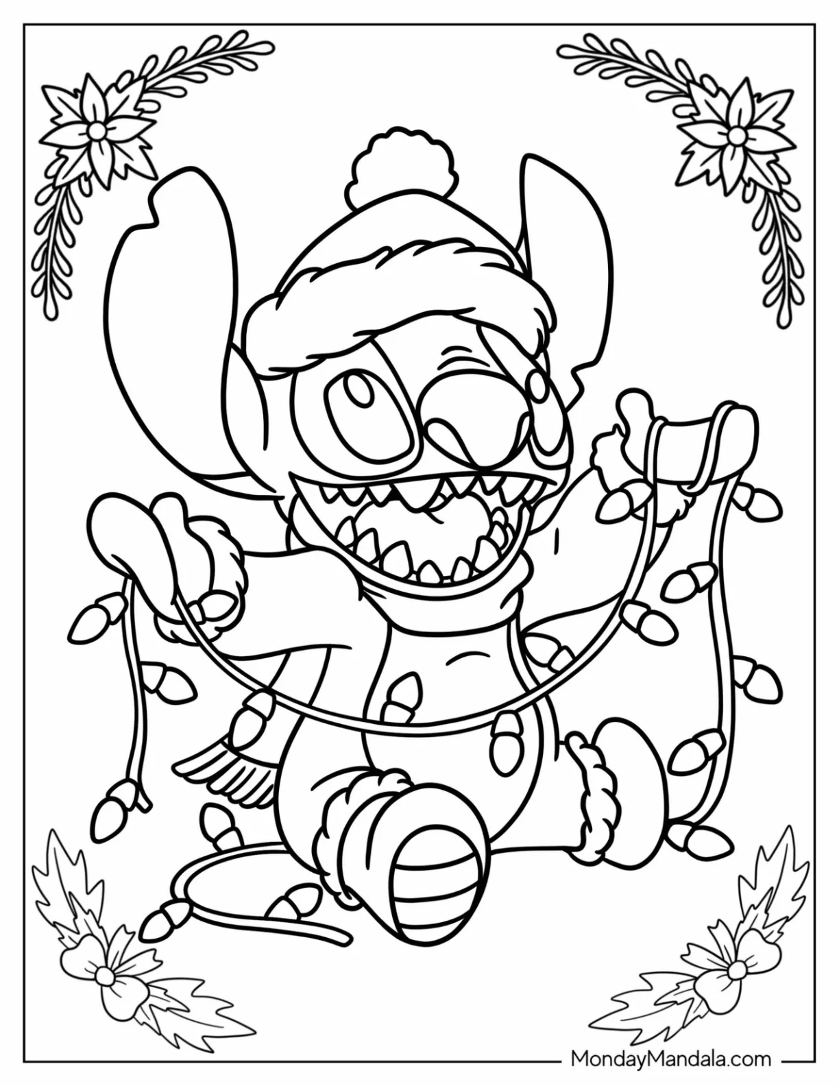 Disney Christmas Coloring Page Of Stitch Holding Christmas Lights coloring page