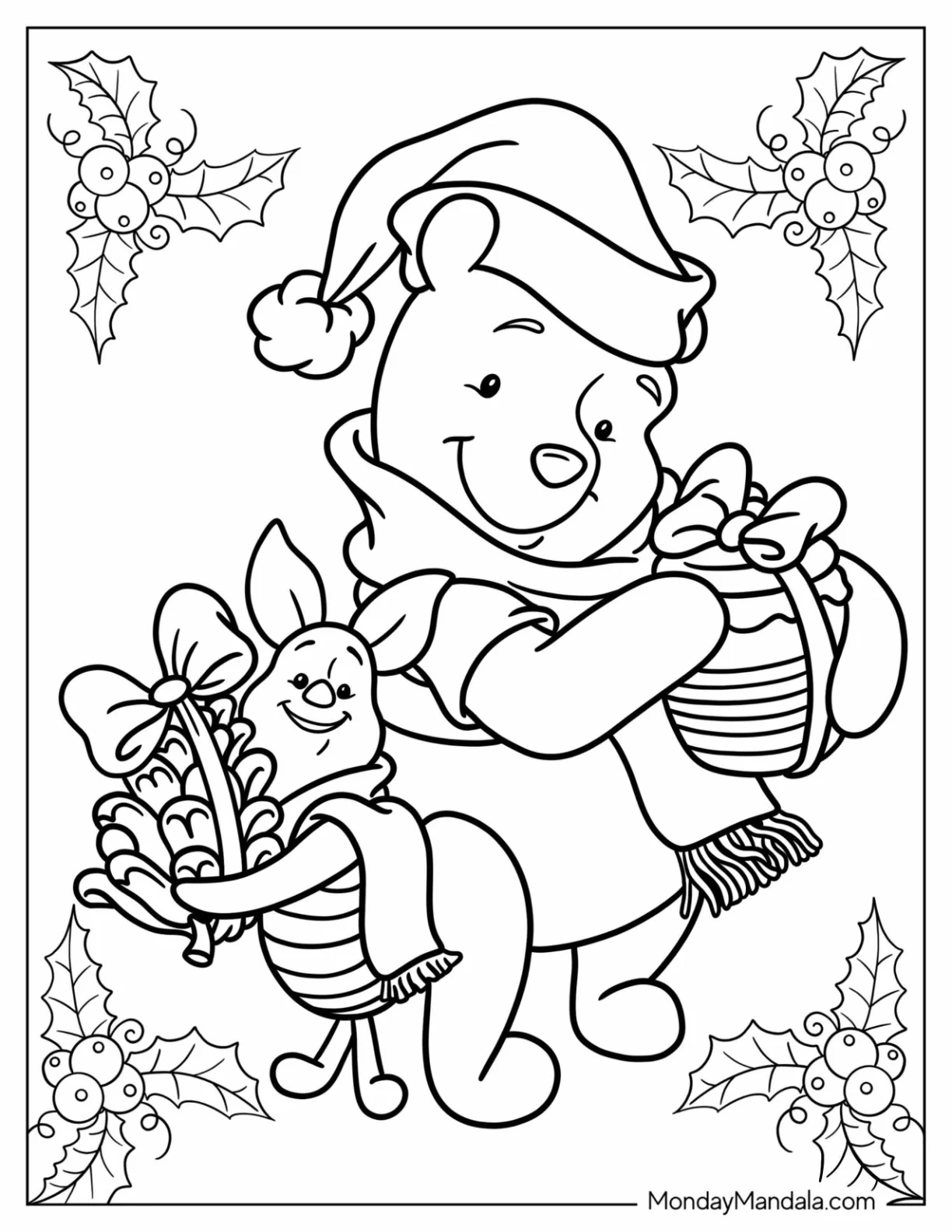 Disney Christmas Coloring Page Of Winnie The Pooh And Piglet Holding Presents With Bow For Kids coloring page