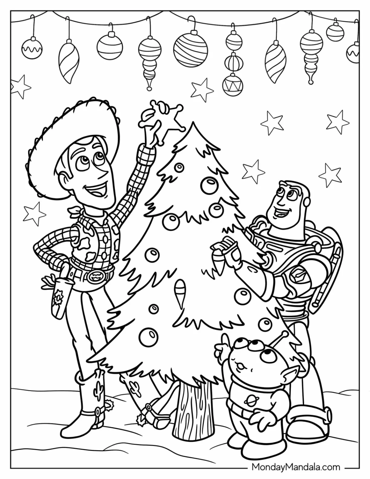 Disney Christmas Coloring Page Of Woody And Buzz Lightyear Decorating Christmas Tree coloring page