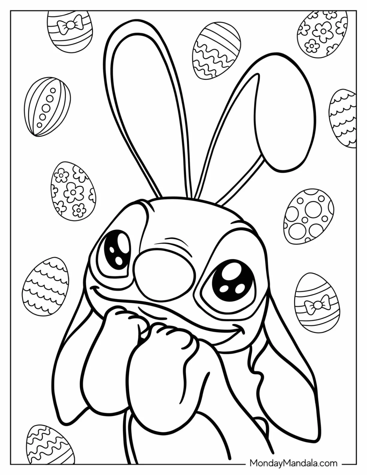 Adorable Stitch Wearing Bunny Ears With Disney Easter Coloring Page Eggs In The Background coloring page — printable line art