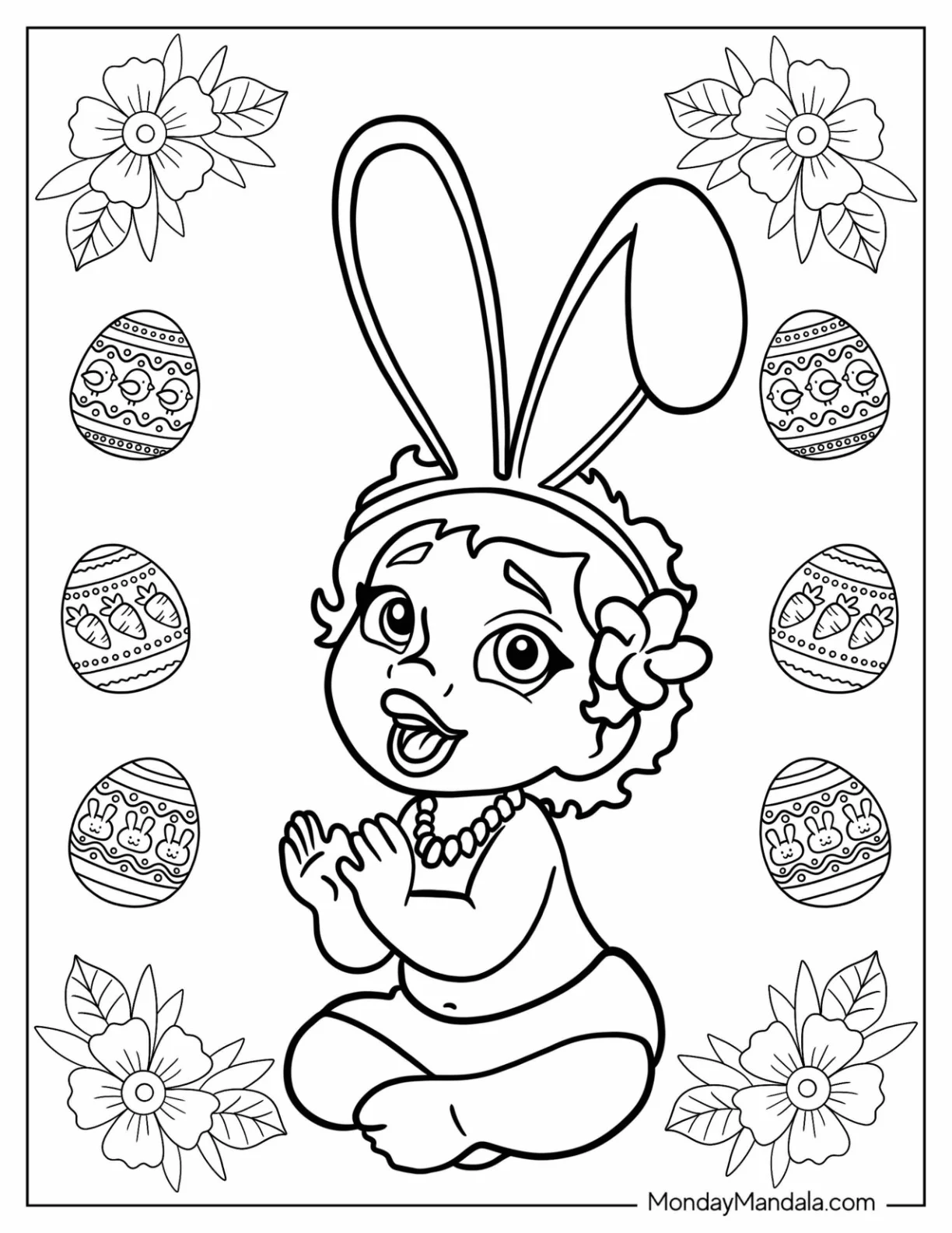 Baby Moana Wearing Disney Easter Coloring Page Bunny Ears For Kids coloring page