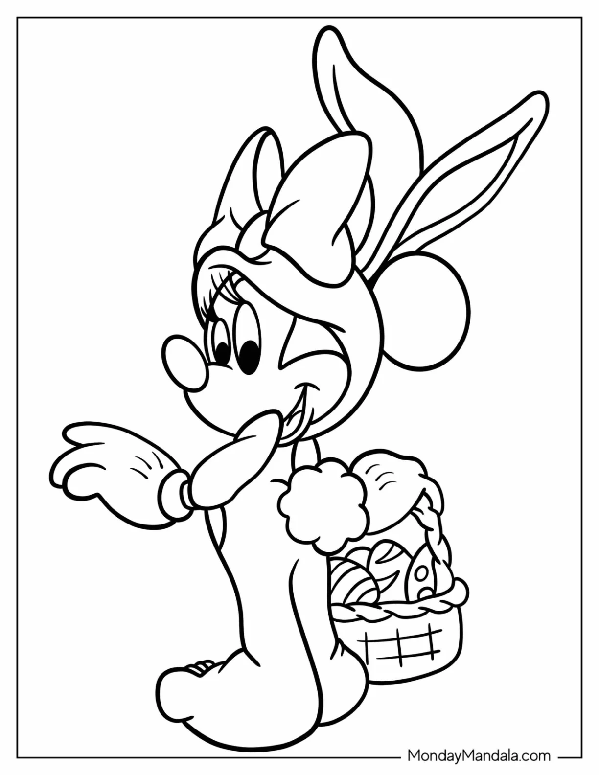 Easy Minnie Mouse In Bunny Costume Carrying Disney Easter Coloring Page Eggs coloring page — printable line art