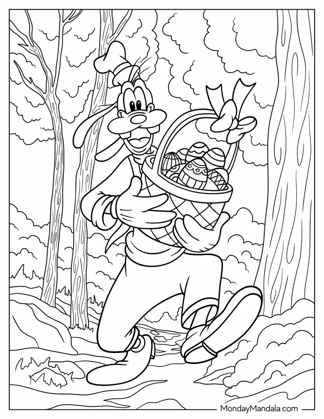 Goofy Running In The Forest With Basket Of Disney Easter Coloring Page Eggs coloring page