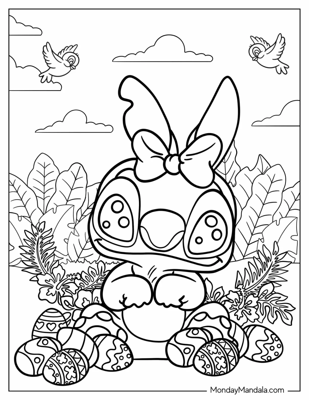 Kawaii Stitch Sitting Next To Disney Easter Coloring Page Eggs For Kids coloring page — printable line art