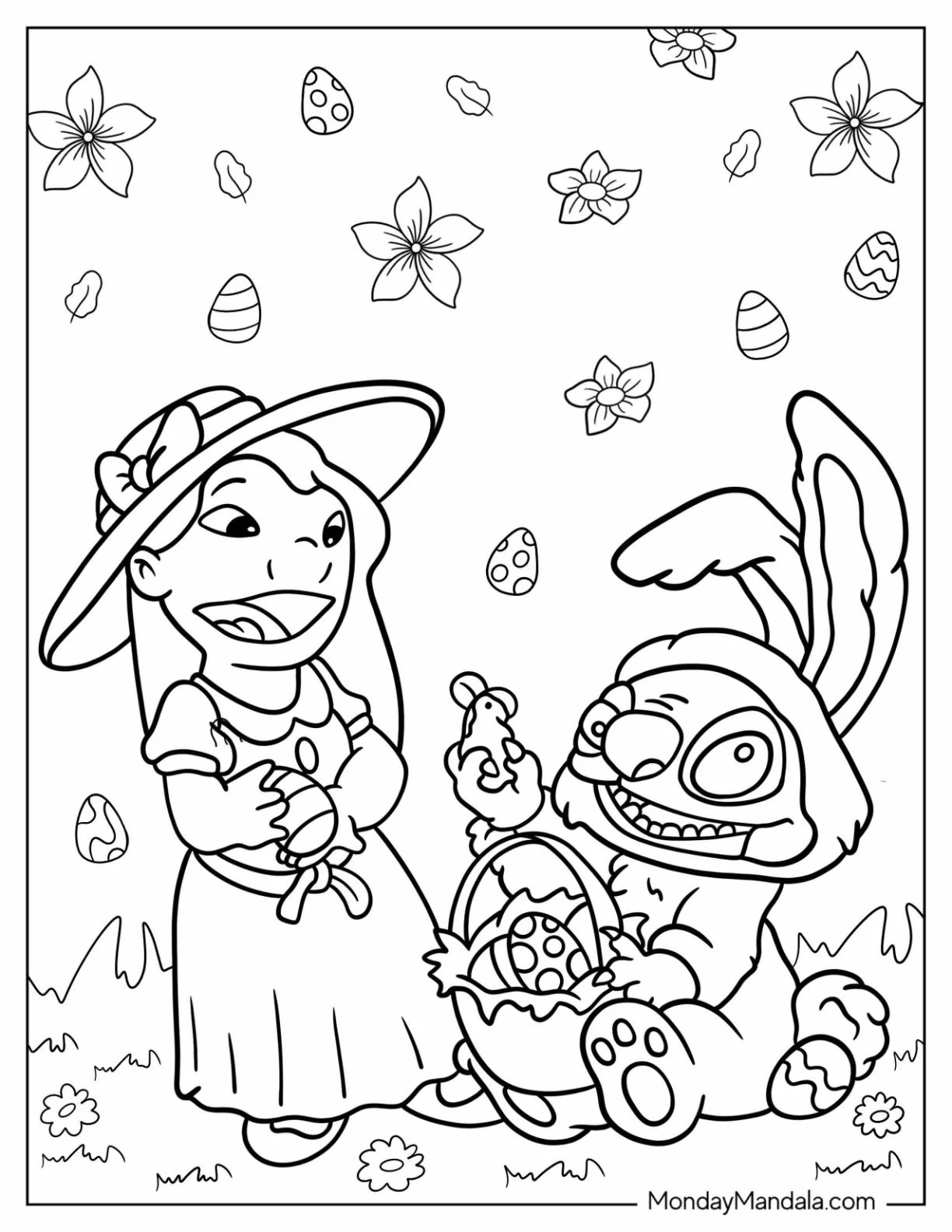Lilo And Stitch Smiling At Basket Of Disney Easter Coloring Page Eggs For Kids coloring page