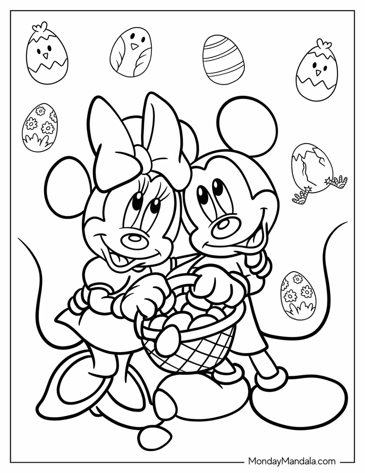 Mickey And Minnie Mouse Holding An Disney Easter Coloring Page Egg Basket For Kids coloring page