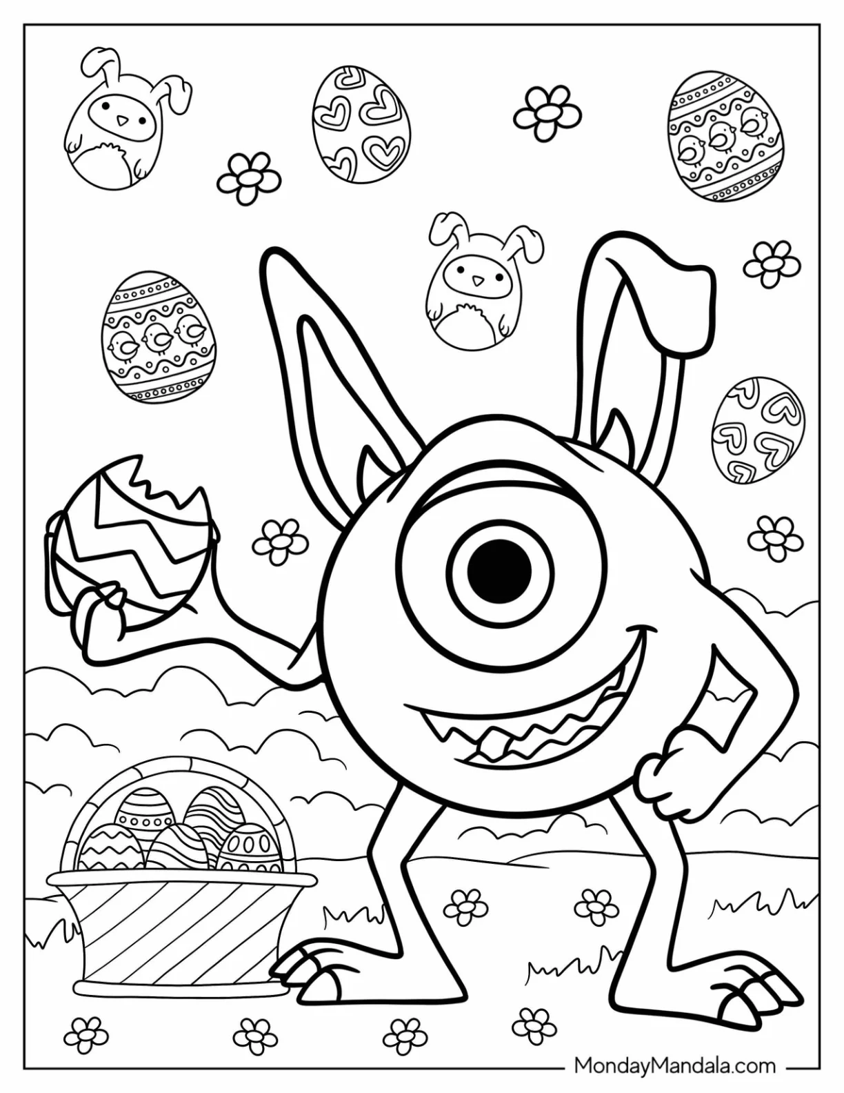 Mike Wazowski Holding Disney Easter Coloring Page Egg coloring page