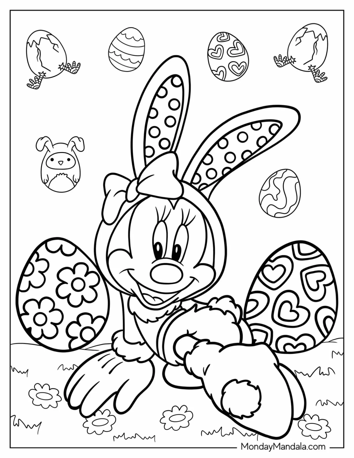 Minnie Mouse Dressed In Bunny Costume With Disney Easter Coloring Page Eggs coloring page — printable line art