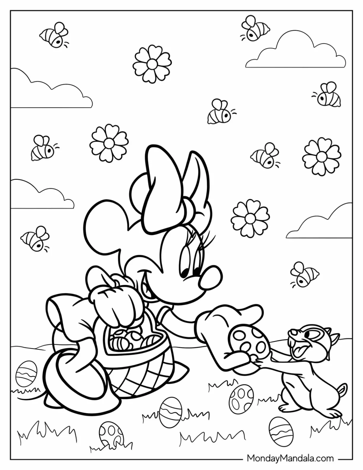 Minnie Mouse Giving Disney Easter Coloring Page Egg To A Squirrel coloring page