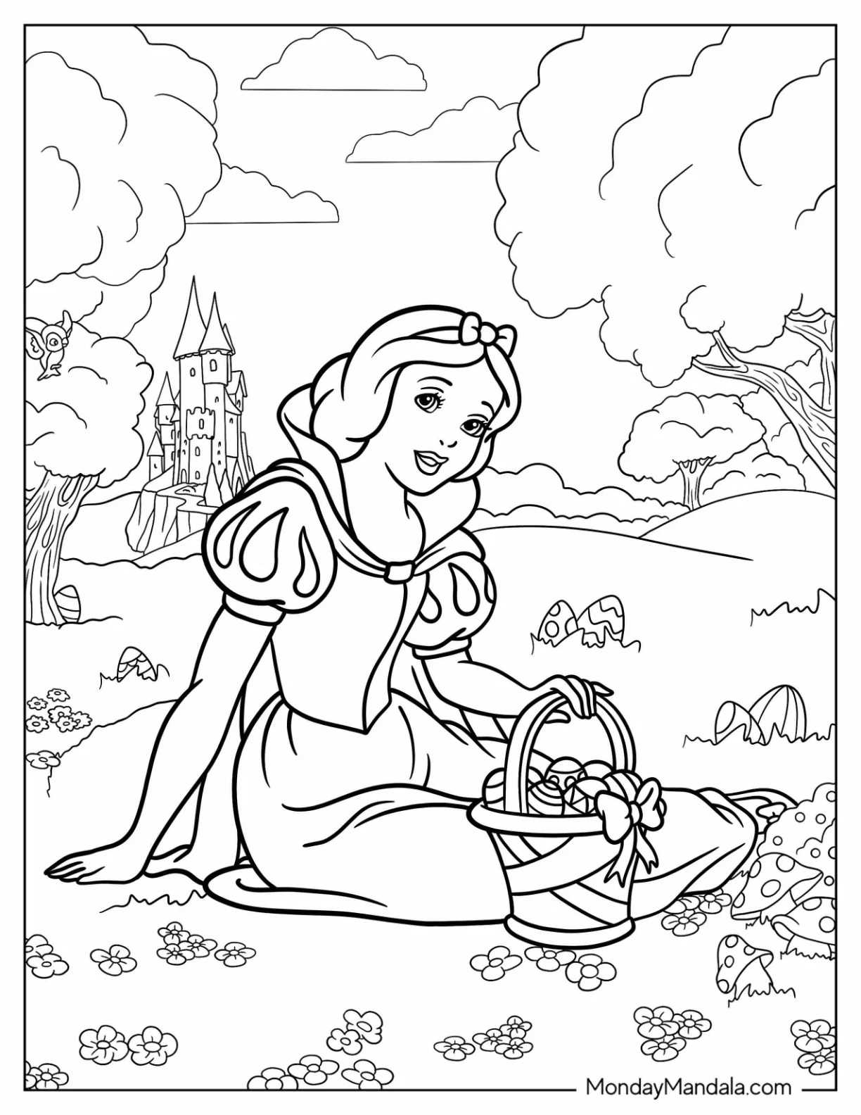 Snow White Sitting On A Field With Disney Easter Coloring Page Eggs coloring page — printable line art