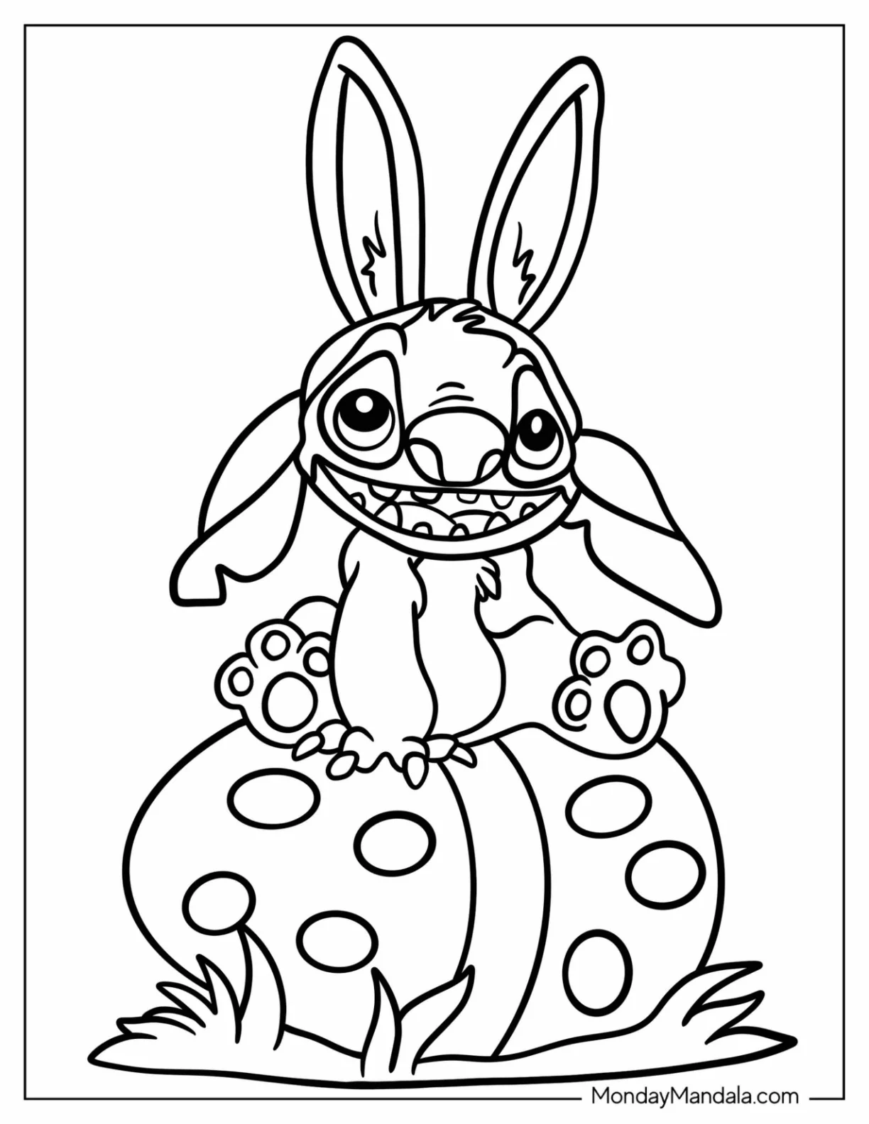 Stitch With Bunny Ears Sitting On Large Disney Easter Coloring Page Egg For Kids coloring page — printable line art