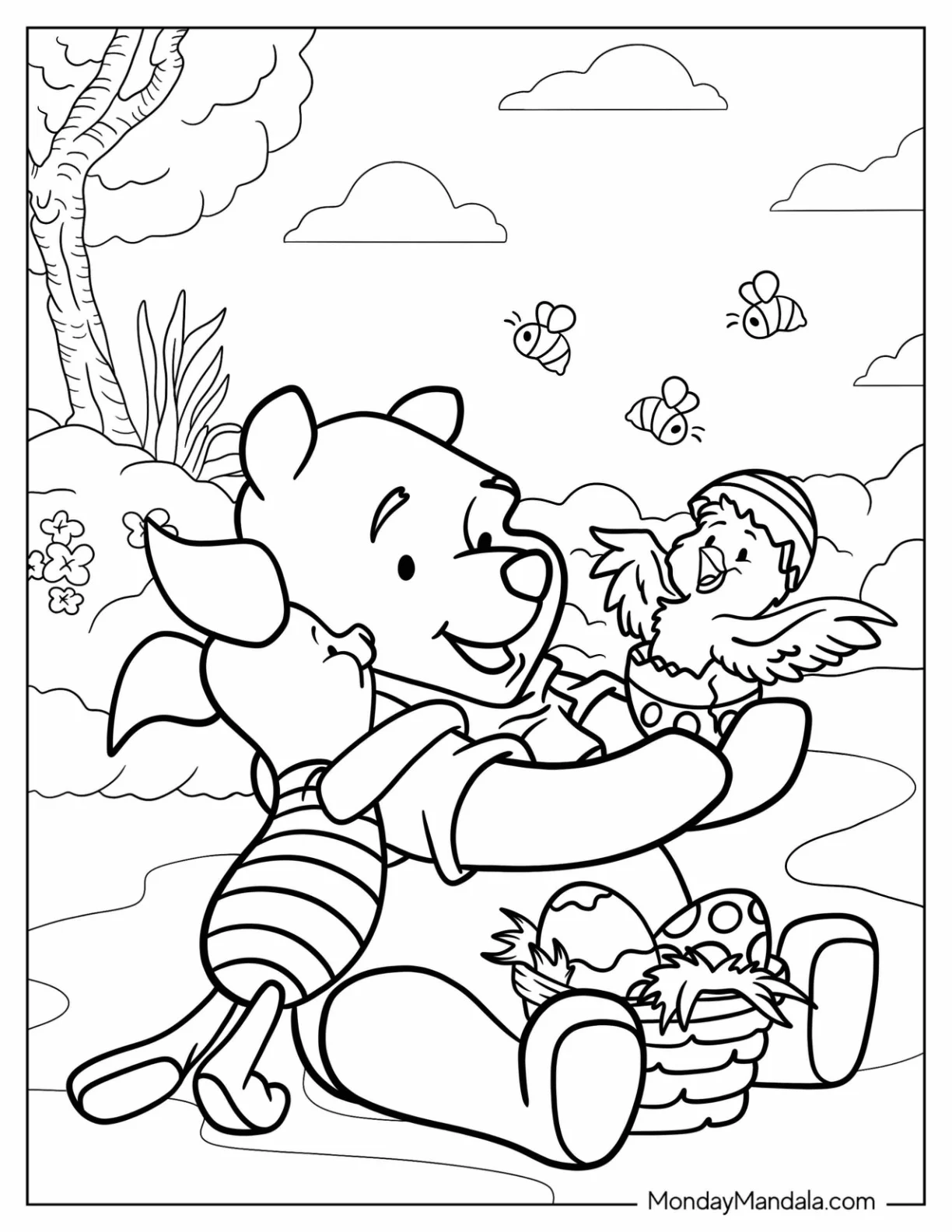 Winnie The Pooh And Piglet Holding A Chick Hatching From Disney Easter Coloring Page Egg coloring page