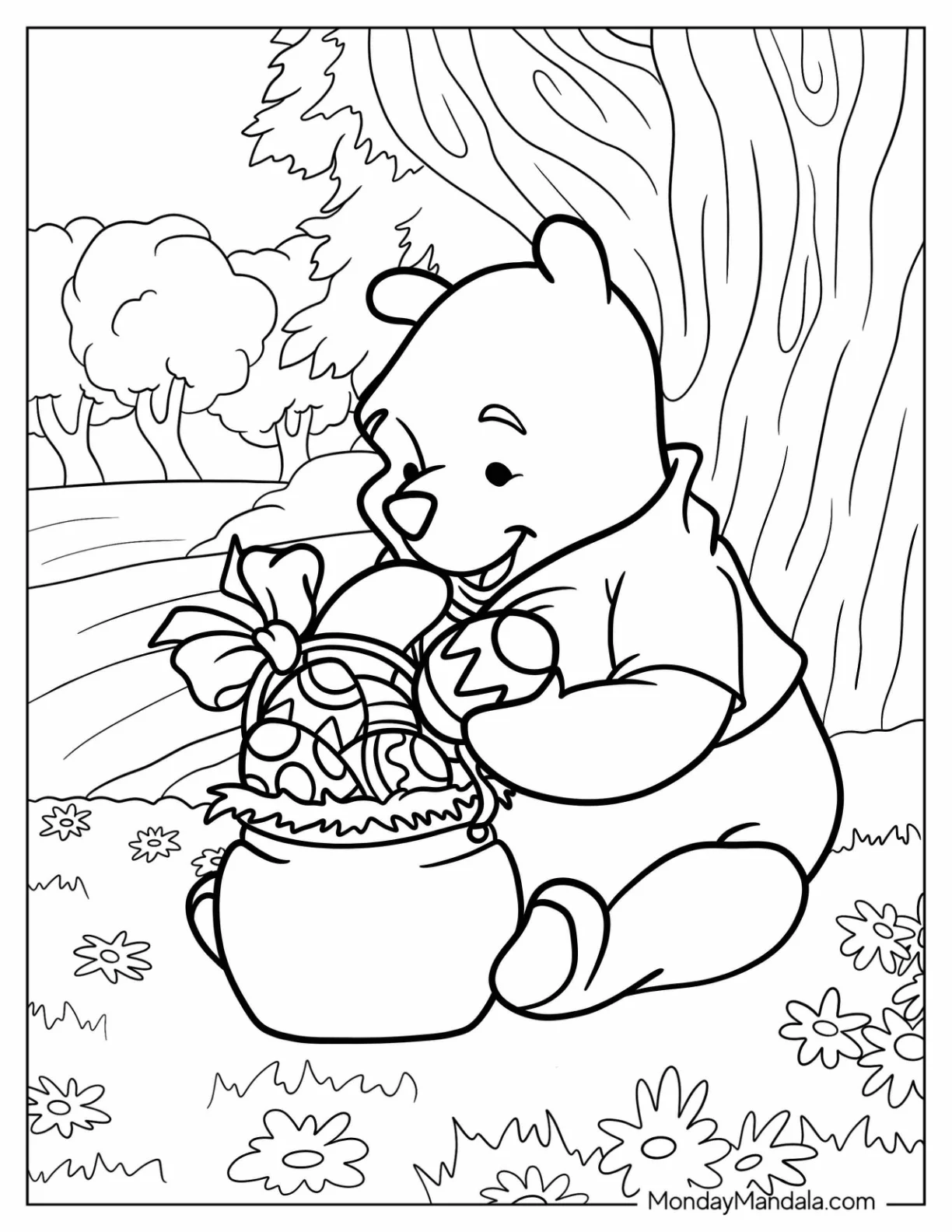 Winnie The Pooh Sitting With His Pot Of Disney Easter Coloring Page Eggs For Kids coloring page — printable line art