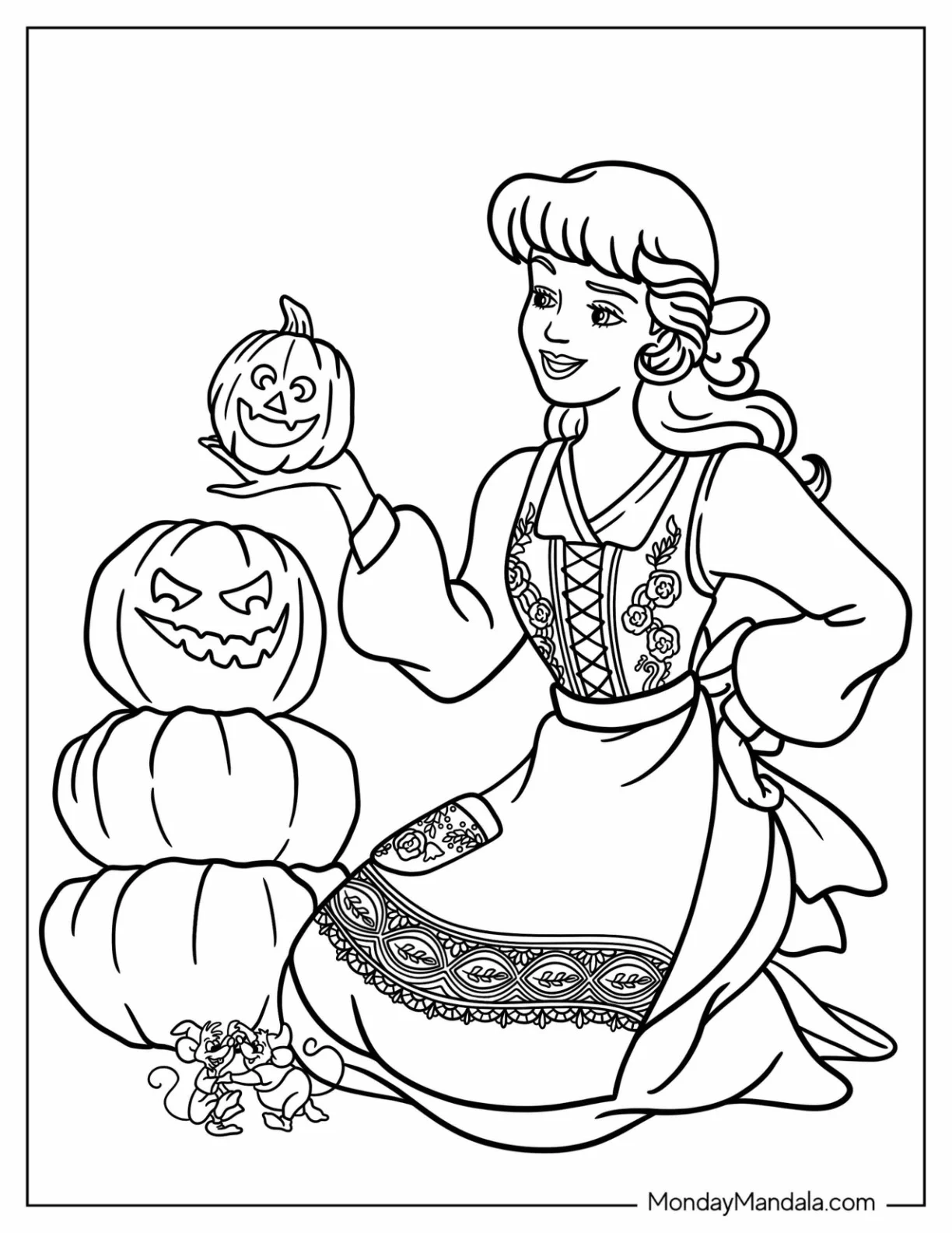 Cinderella Making Jack O Lantern Tower Disney Halloween Coloring Page coloring page — printable line art