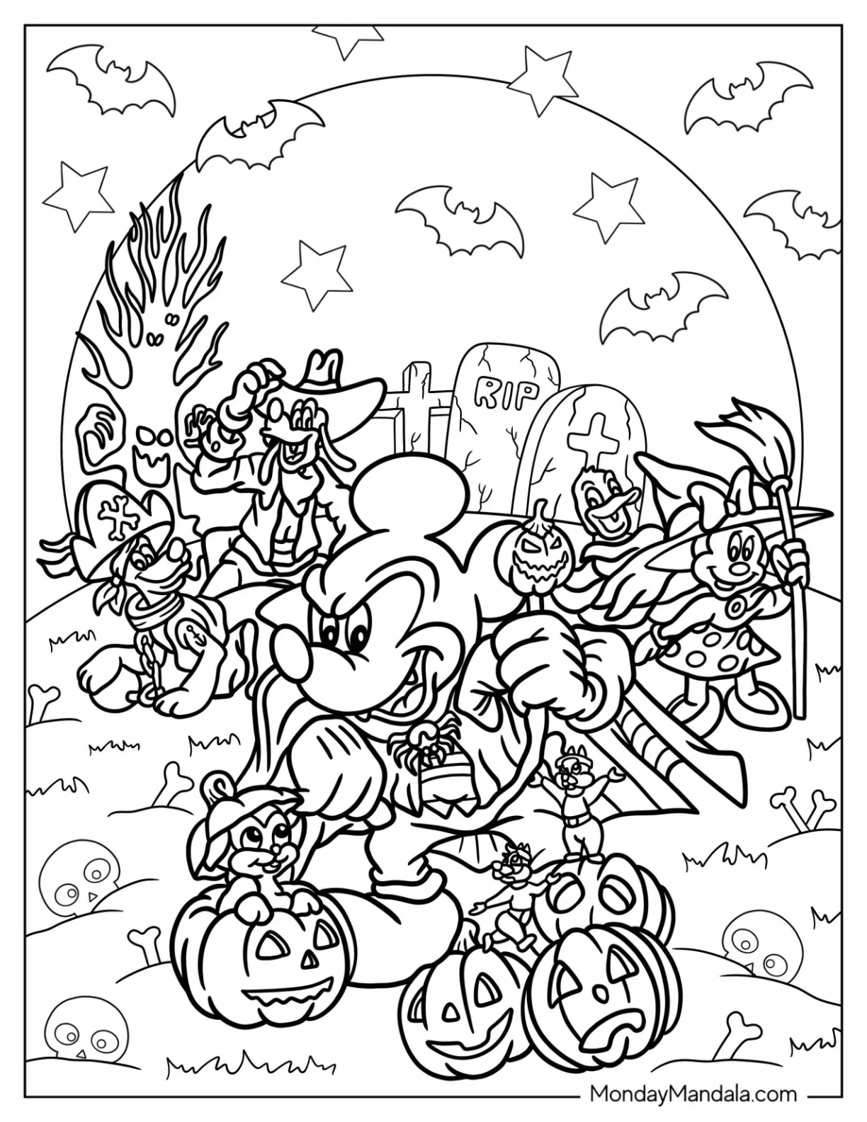 Creepy Mickey Mouse And Friends In Graveyard Disney Halloween Coloring Page coloring page