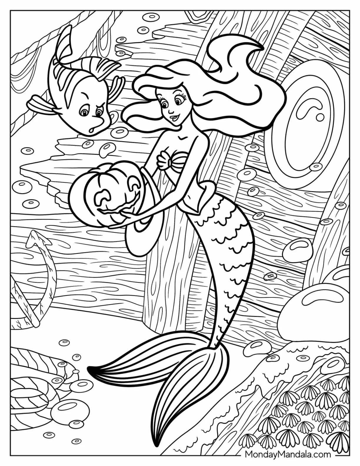 Disney Halloween Coloring Page Of Ariel And Flounders Finding Jack O Lantern Under The Sea coloring page