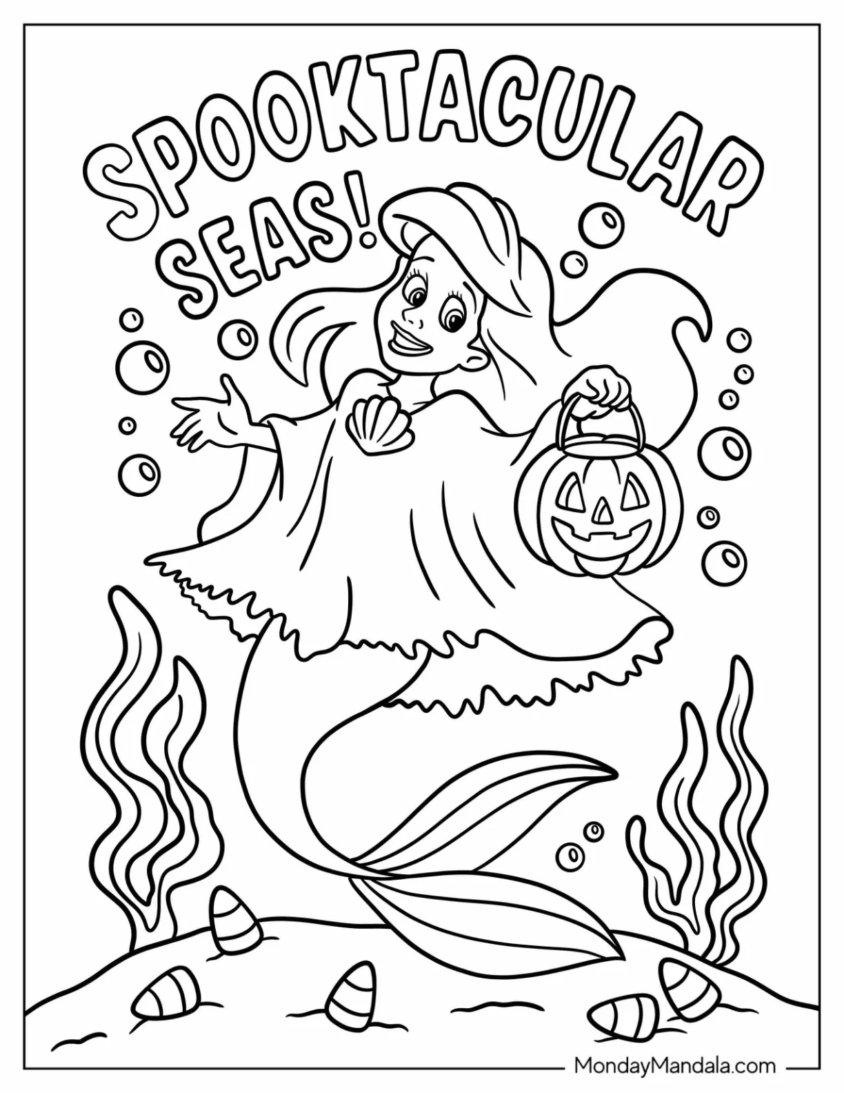 Disney Halloween Coloring Page of Ariel in Halloween Costume with Candy Bag Under The Sea coloring page
