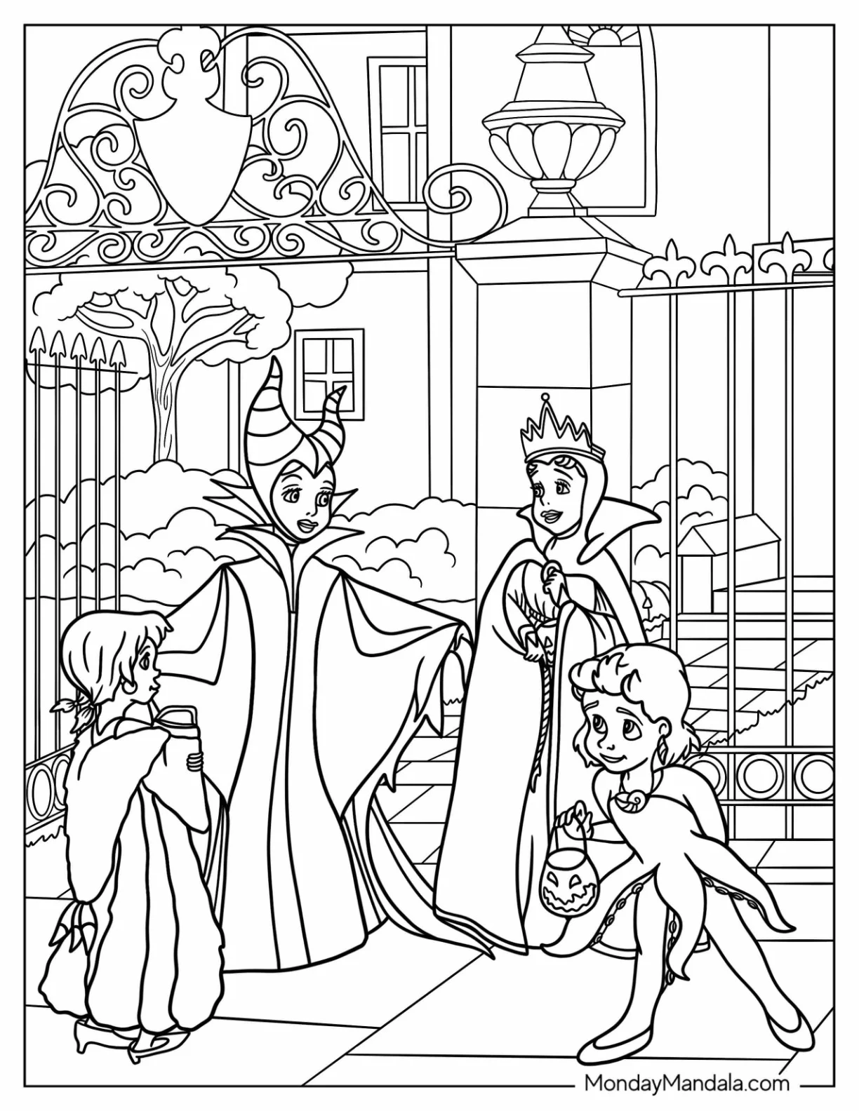 Disney Halloween Coloring Page Of Children In Villain Costumes Trick Or Treating For Kids coloring page — printable line art