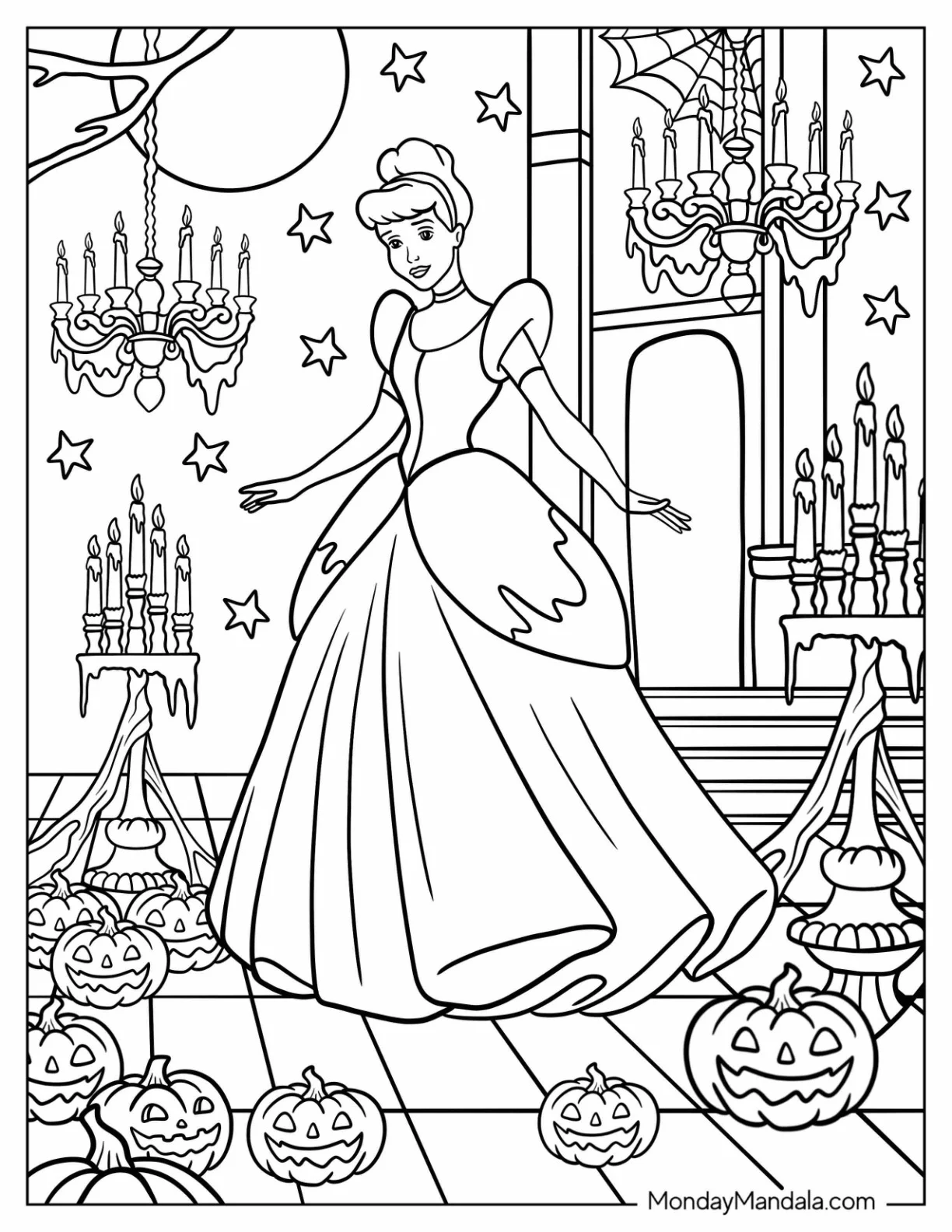Disney Halloween Coloring Page of Cinderella in a Ballroom with Candelabra, Cobwebs, and Jack O Lanterns coloring page