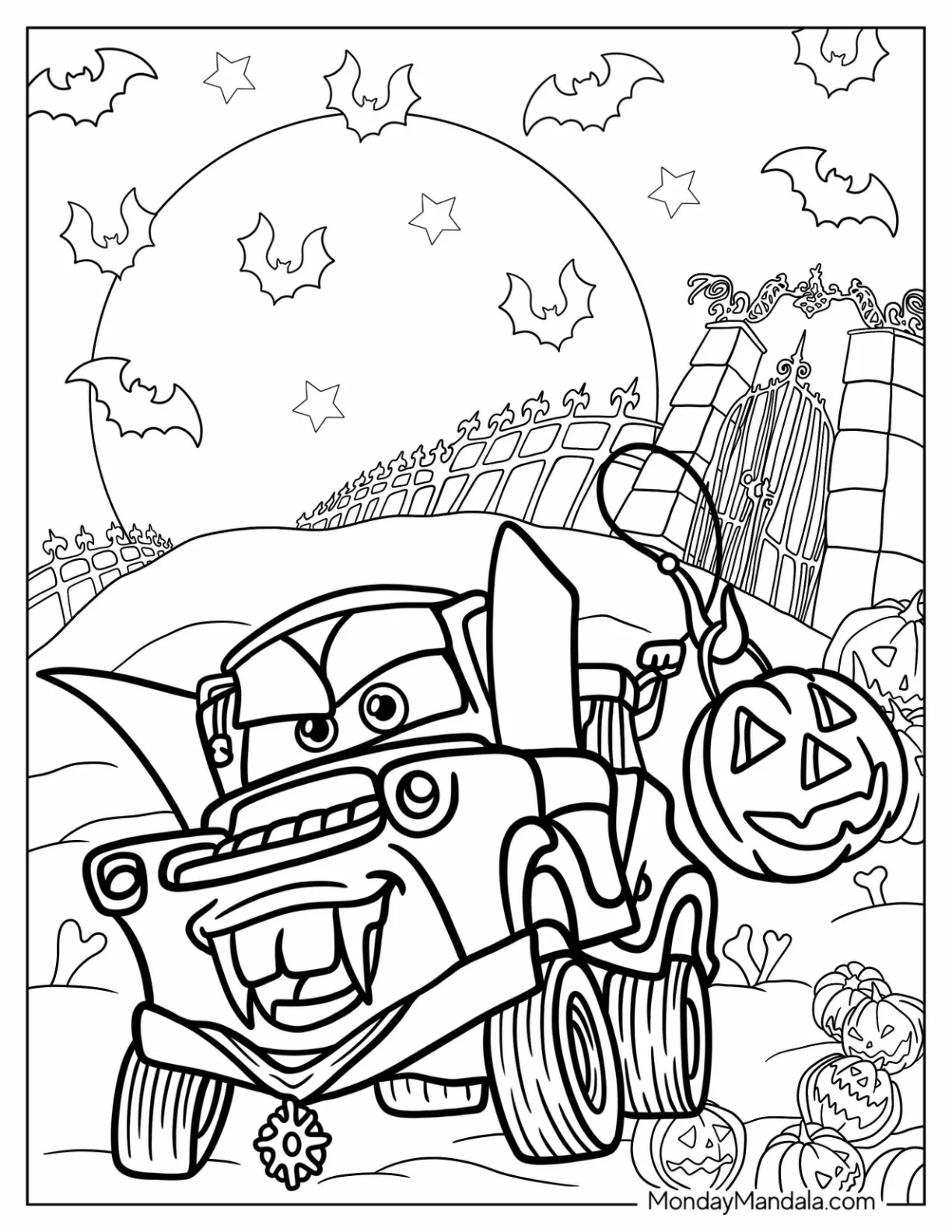 Disney Halloween Coloring Page of Dracula Mater Lightning McQueen coloring page — printable line art